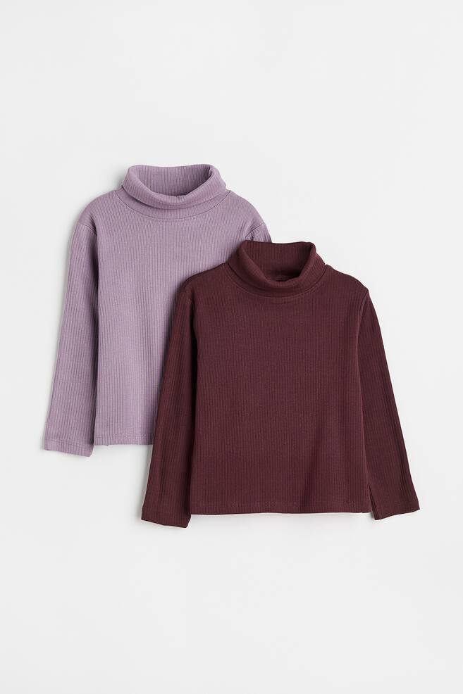2-pack ribbed jersey polo-neck tops - Purple/Dark red/Mustard yellow/Natural white/Dark red/Striped/Light pink/Purple - 1