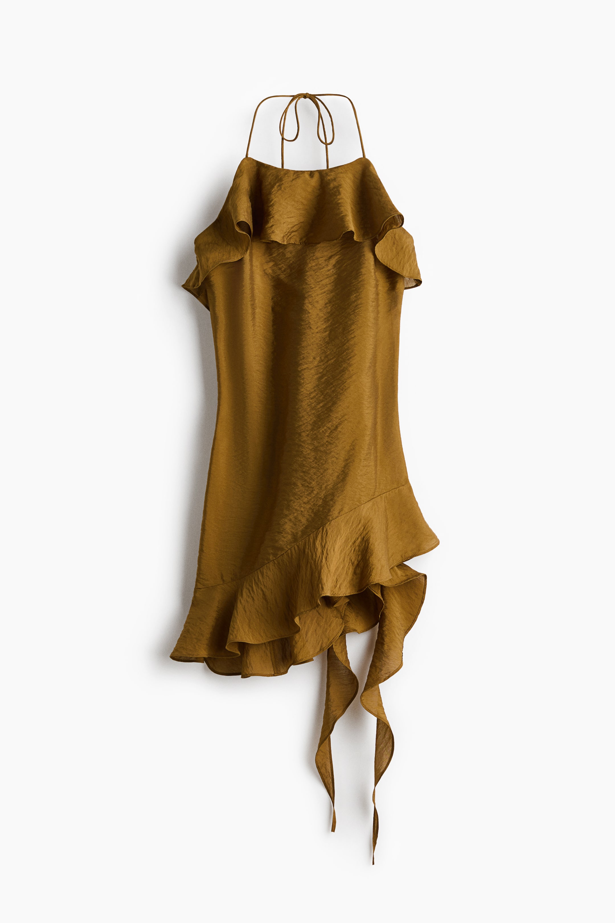 View larger image: A short dress in golden-brown textured woven fabric showcases a square neckline with a wide flounce and narrow halterneck ties at the front. It also features an asymmetric hem with a wide flounce that has long, flowing ends.