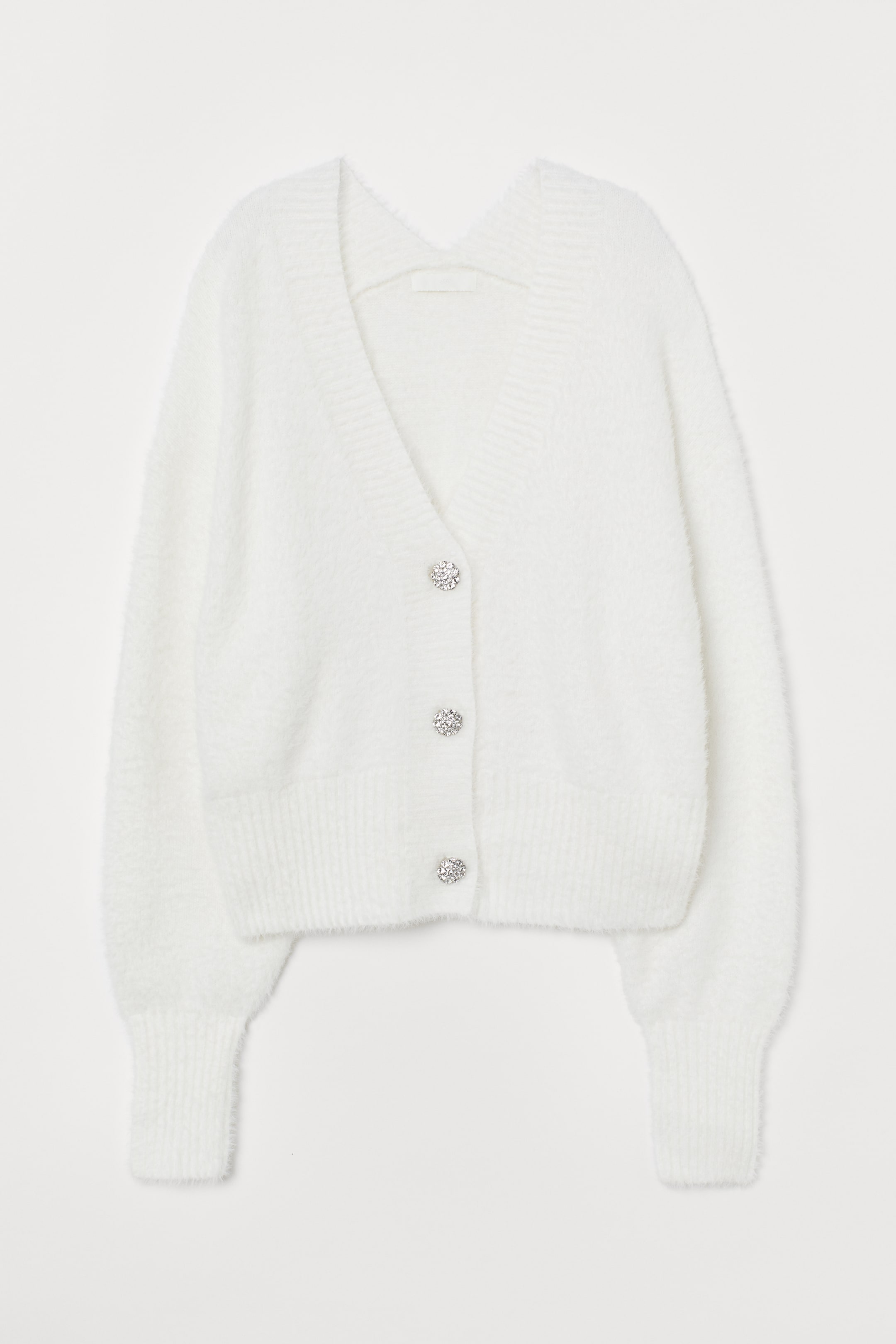 Sparkly-button fluffy cardigan - V-neck - Long sleeve - White - Ladies ...