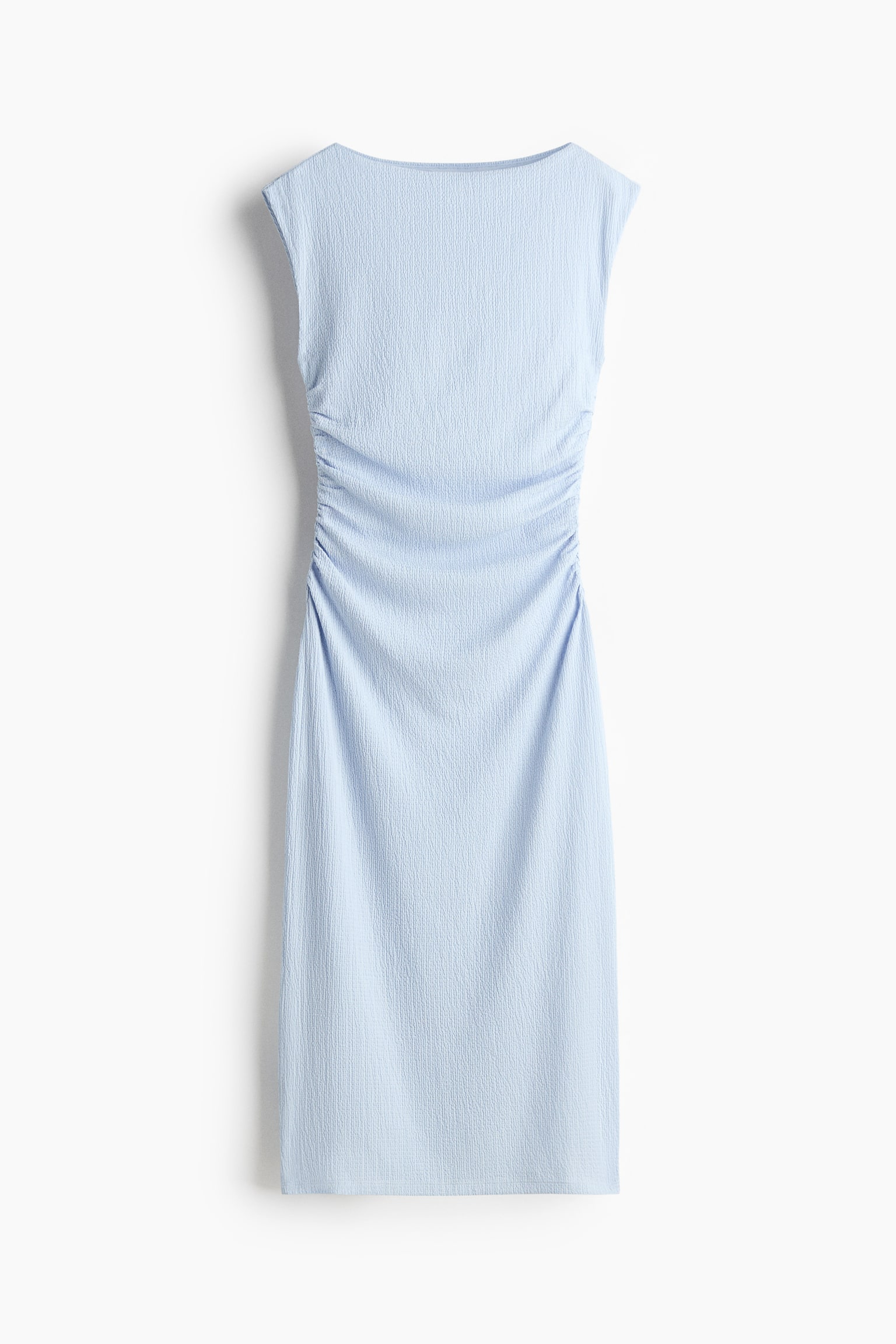 The light blue dress features a textured fabric with a sleeveless design, enhanced by ruched detailing along both sides. The back boasts a wide, subtly curved neckline. - 1