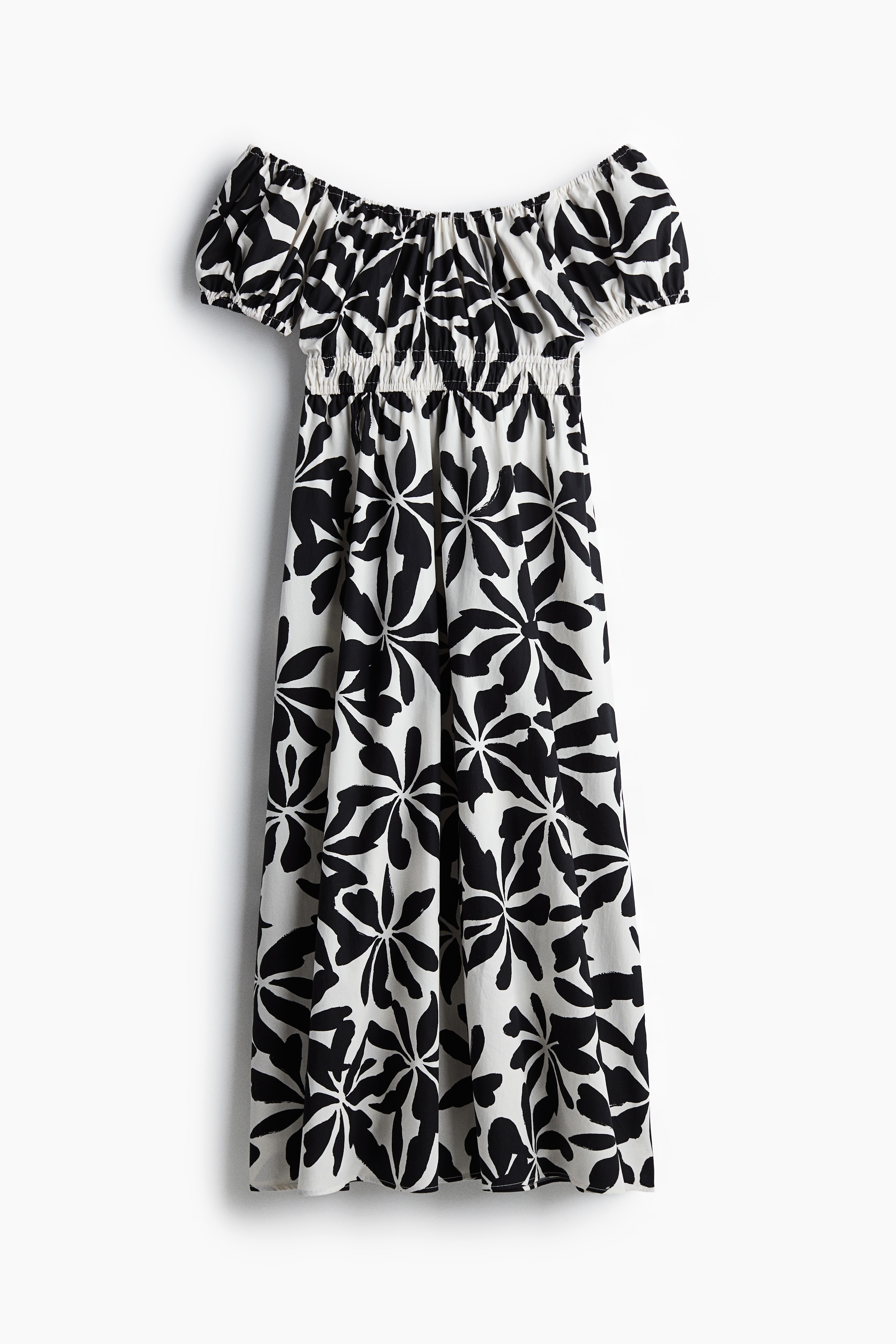 Off The Shoulder Poplin Dress - White/Black floral/Beige/Floral/Black/Blue