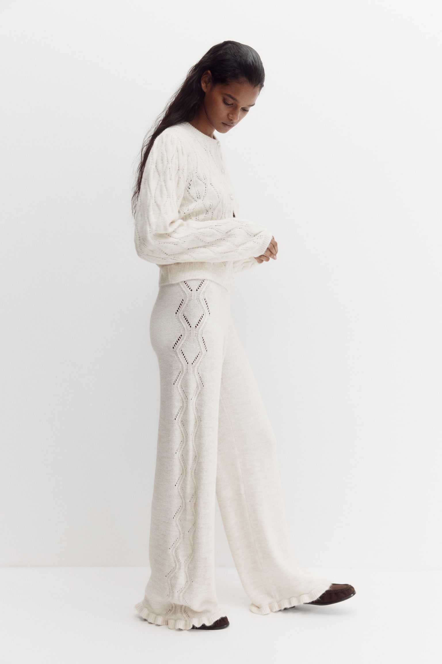 Spodnie z ażurowej dzianiny - Jasnobeżowy - 2