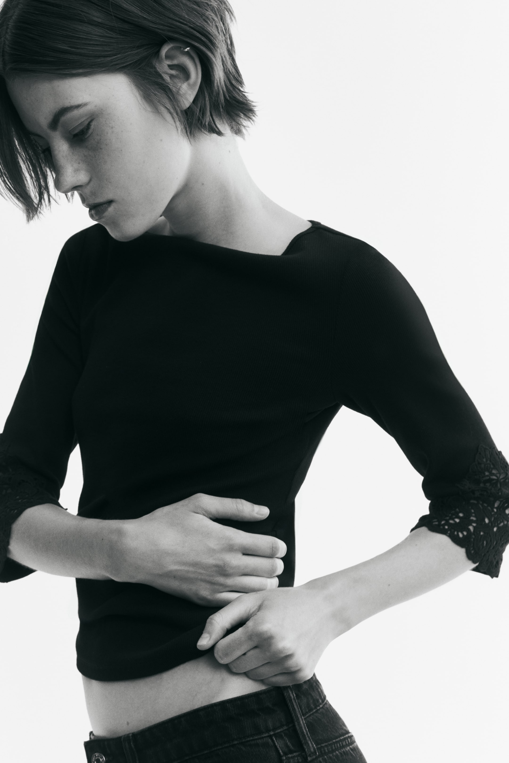 Boat-Neck Top with Lace Insets