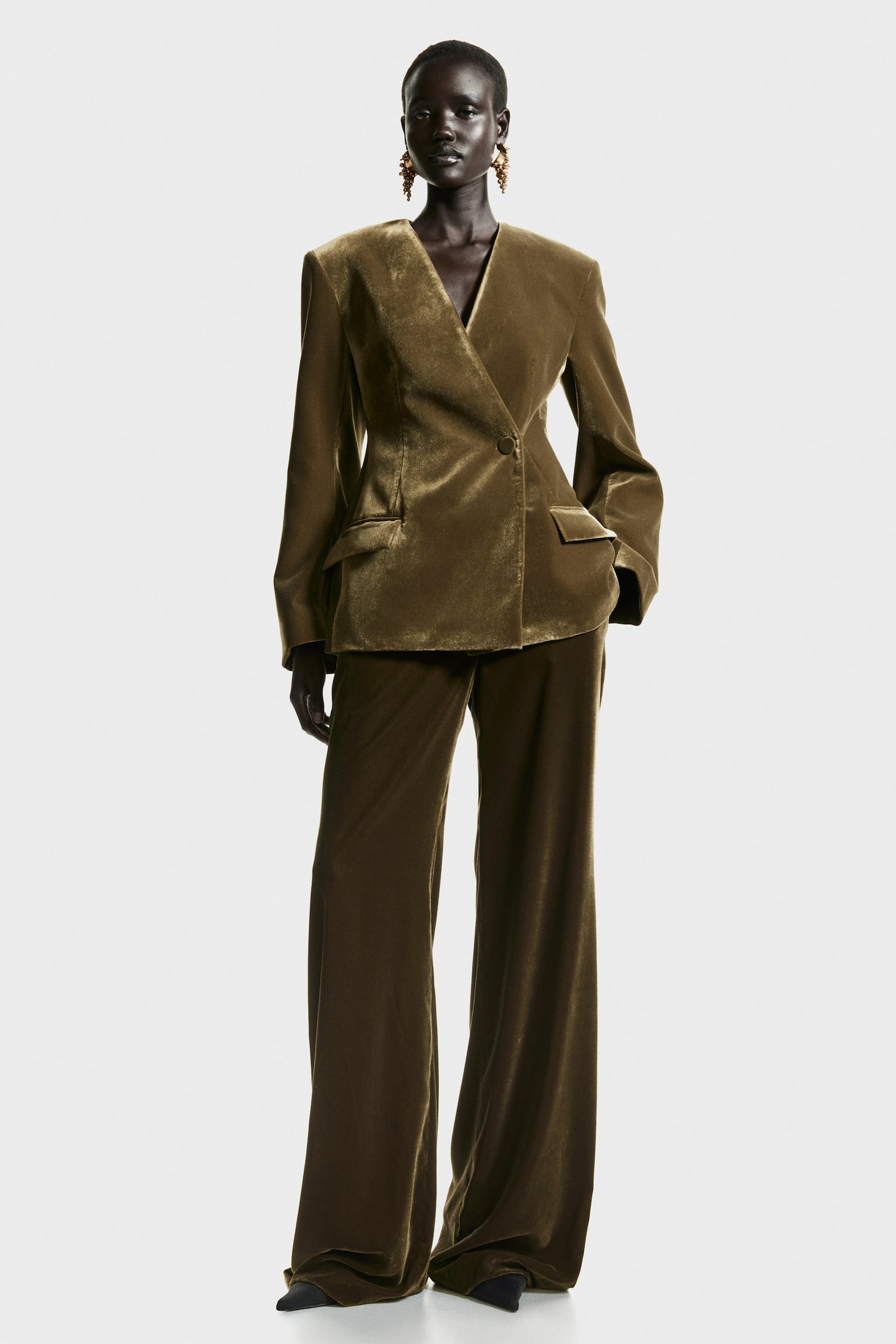 Bootcut velvet trousers - Dark khaki green - 1