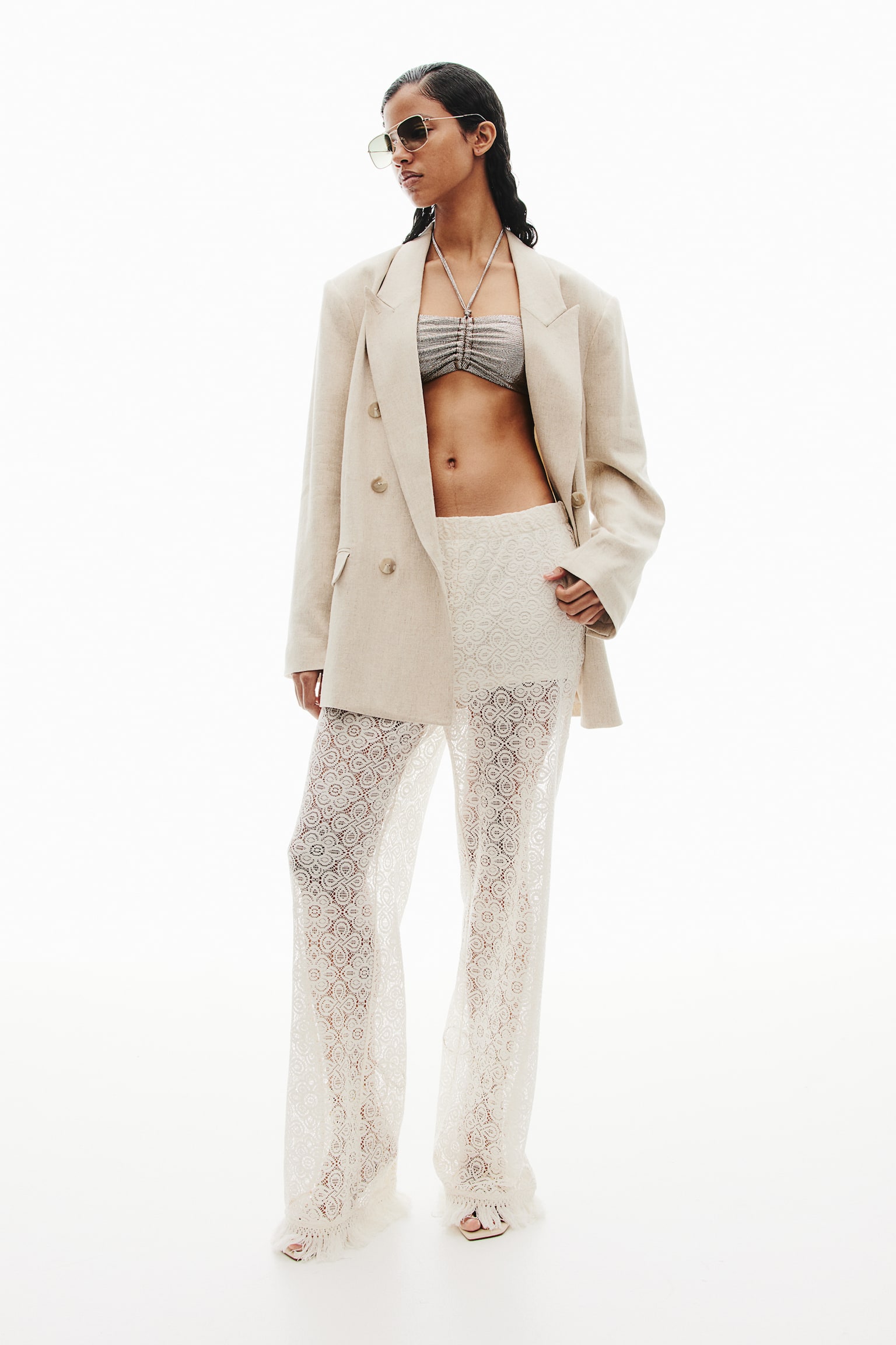 Fringe-trimmed flared lace trousers - Natural white - 4