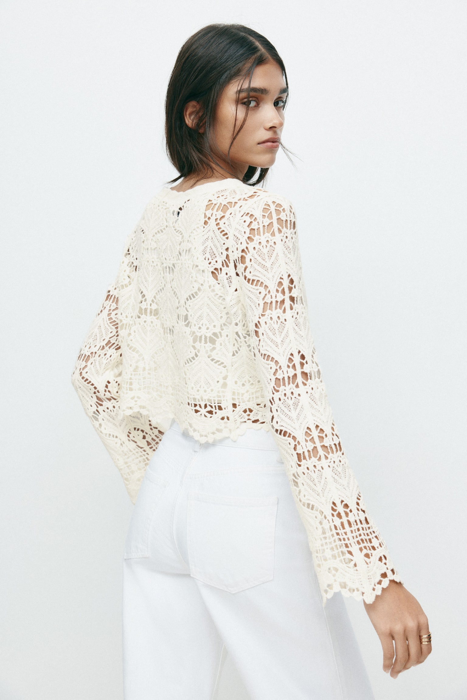 Crochet-look cotton cardigan - Light beige - 3