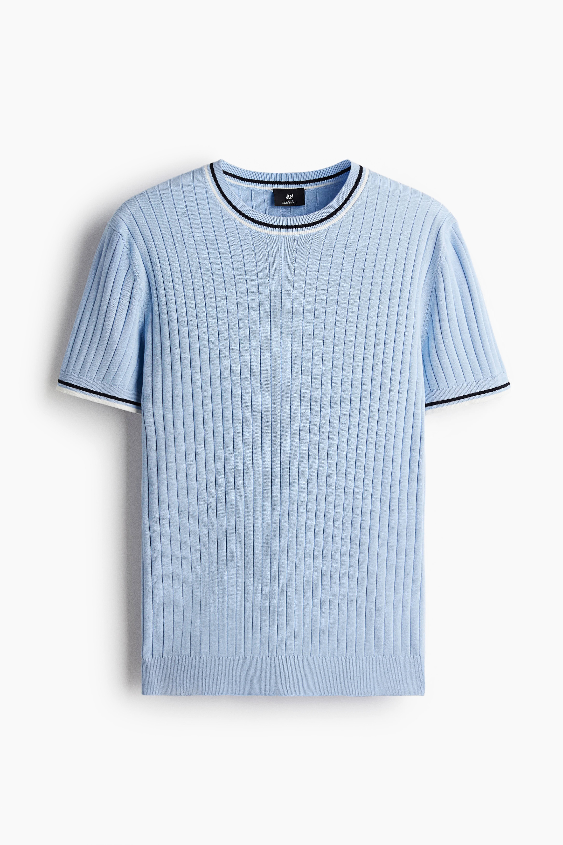 Slim Fit Rib-knit T-shirt - Light blue/White