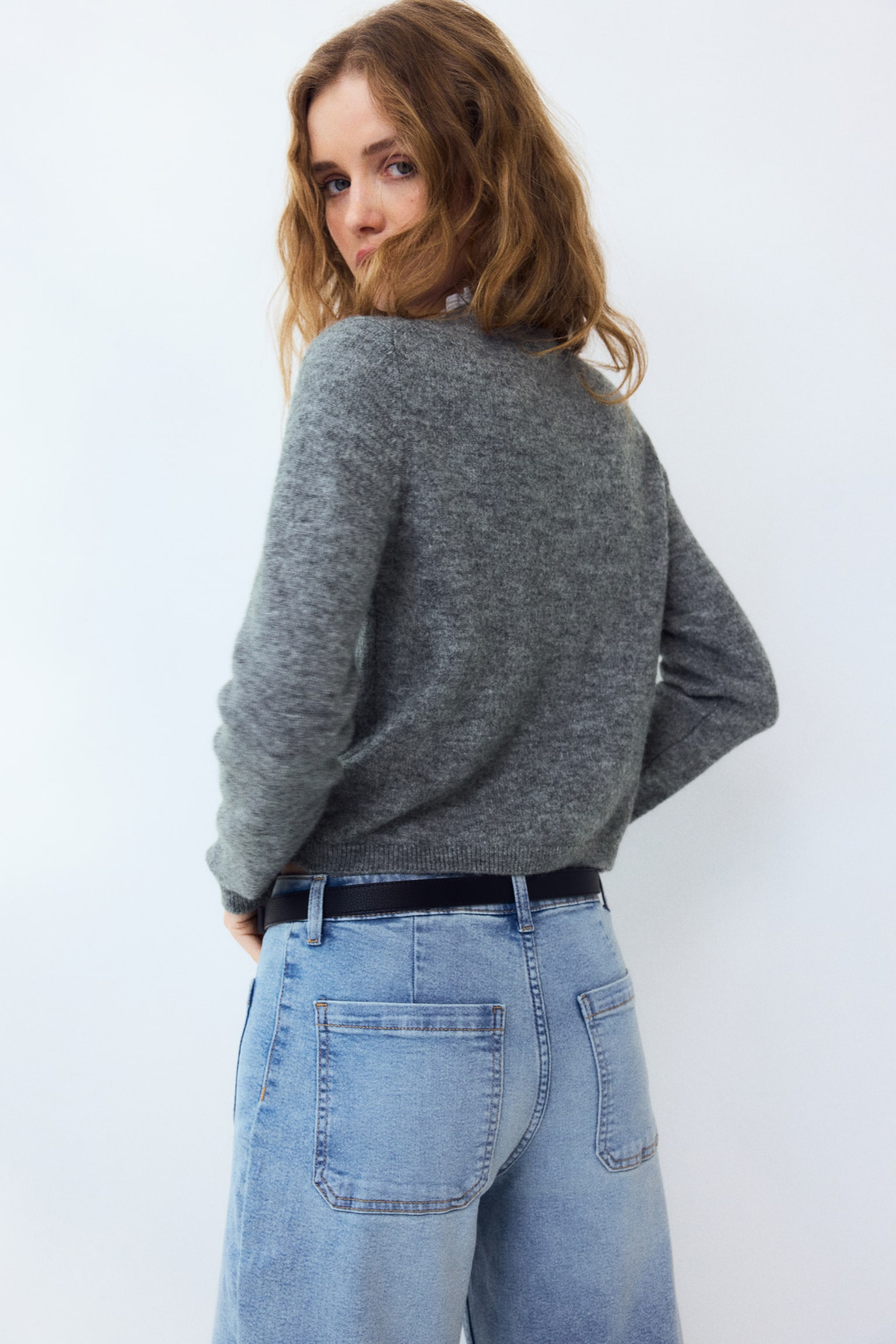 Frill-trimmed fine-knit cardigan - Grey marl - 5
