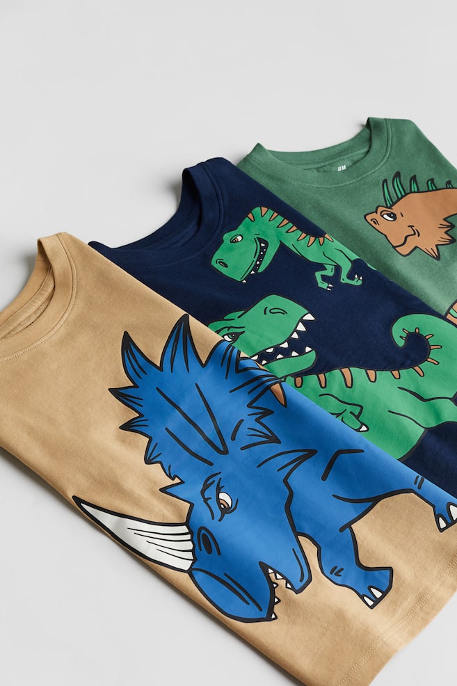 3-pack printed T-shirts - Dark blue/Dinosaurs/Sage green/Striped - 2