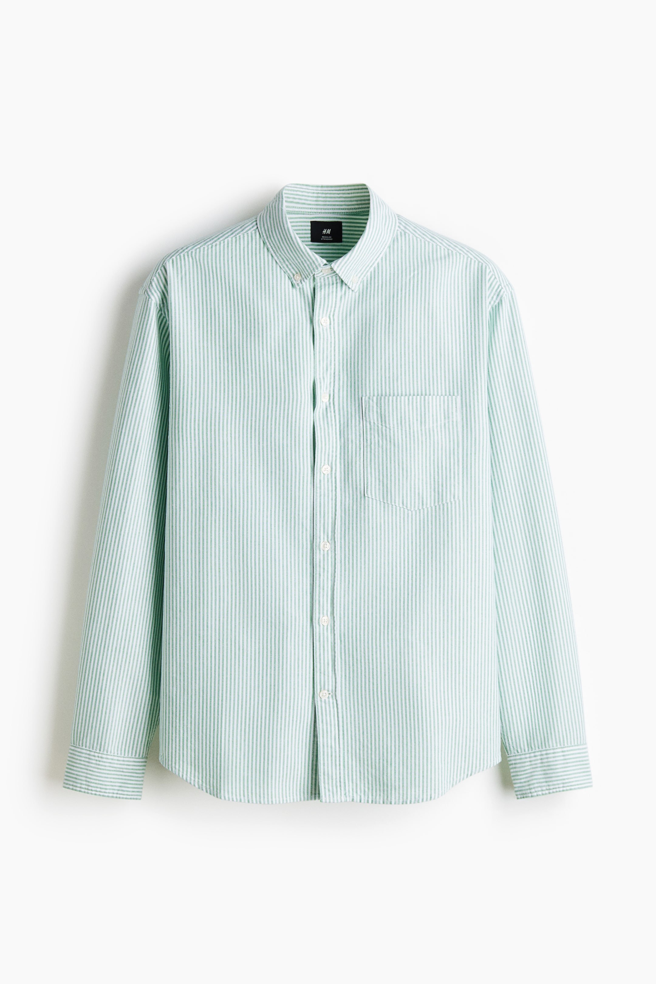 View larger image: A light green and white vertically striped shirt is displaying its FRONT, featuring a button-down collar, a classic front placket with white buttons, and an open chest pocket on the left. It is designed with long sleeves, buttoned cuffs with a sleeve placket and a link button, and a gently rounded hem, presenting a regular fit.