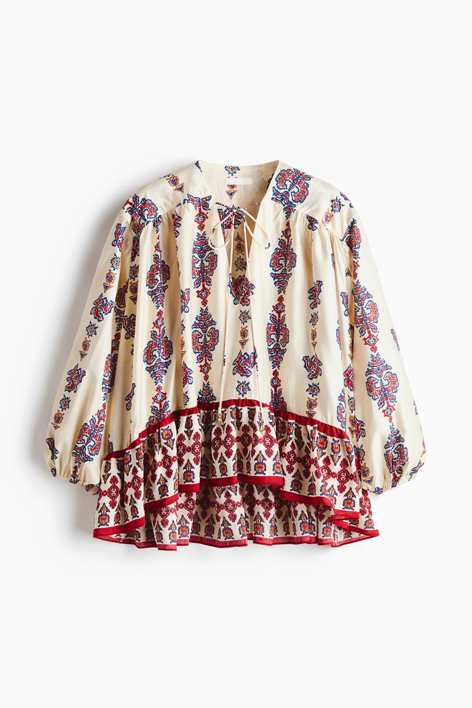 Flounce-trimmed blouse - Light beige/Patterned/Dark beige - 1