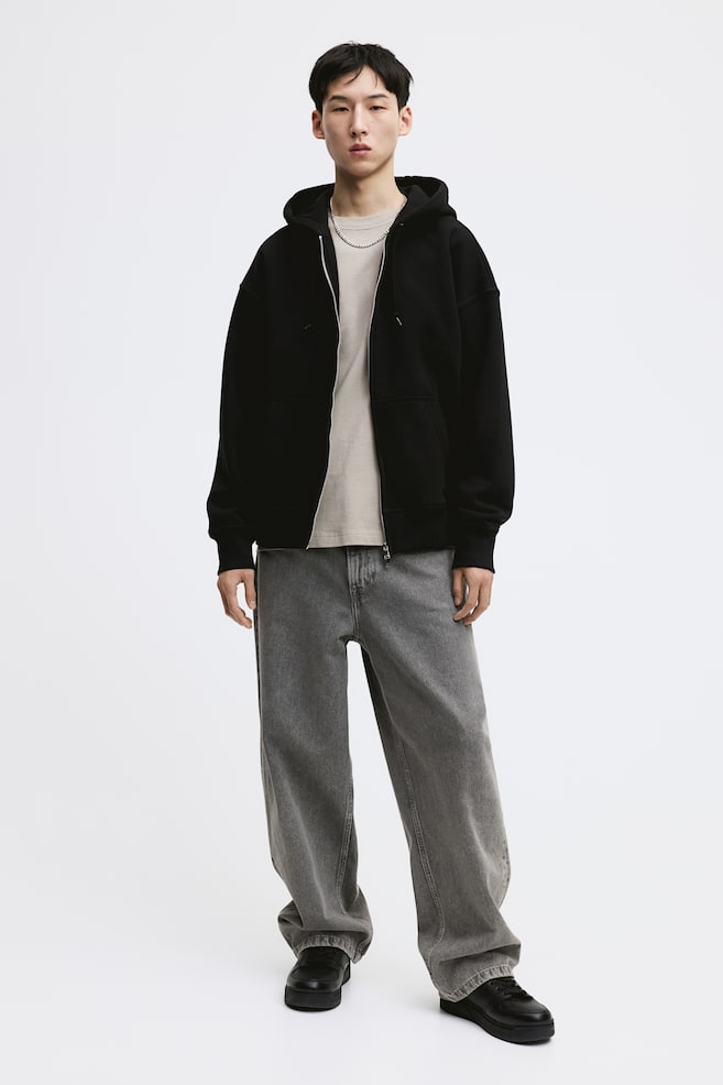 Oversized Fit Zip-through hoodie - Black/Beige/Light grey marl/White - 4