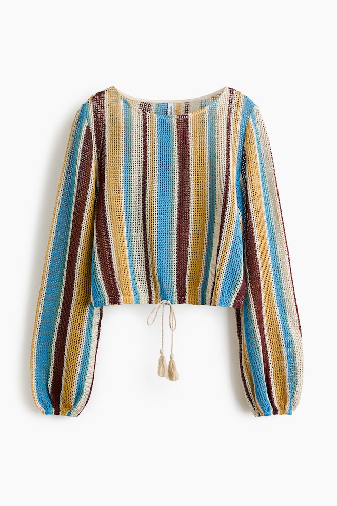 Drawstring-detail net top - Light blue/Striped/Cream - 1