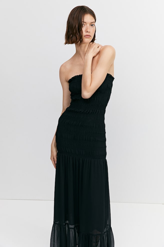 Smocked bandeau dress - Black - 1