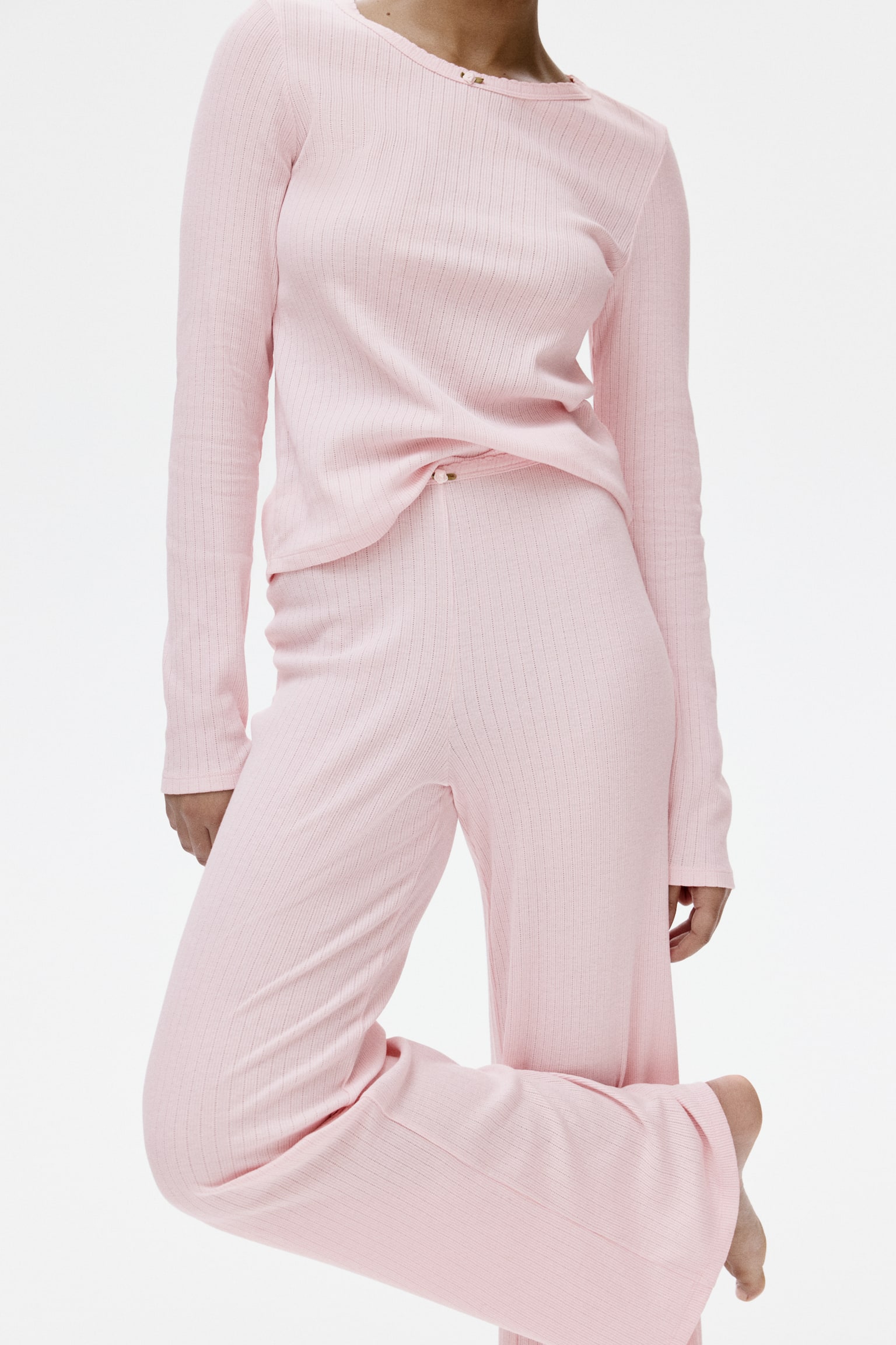 Gerippter Jerseypyjama - Hellrosa/Dunkelbraun - 4