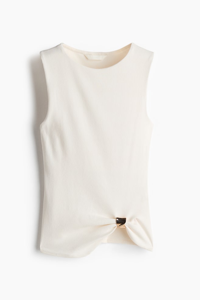 Draped-Detail Ribbed Top - Cream/Light khaki green/Black - 1