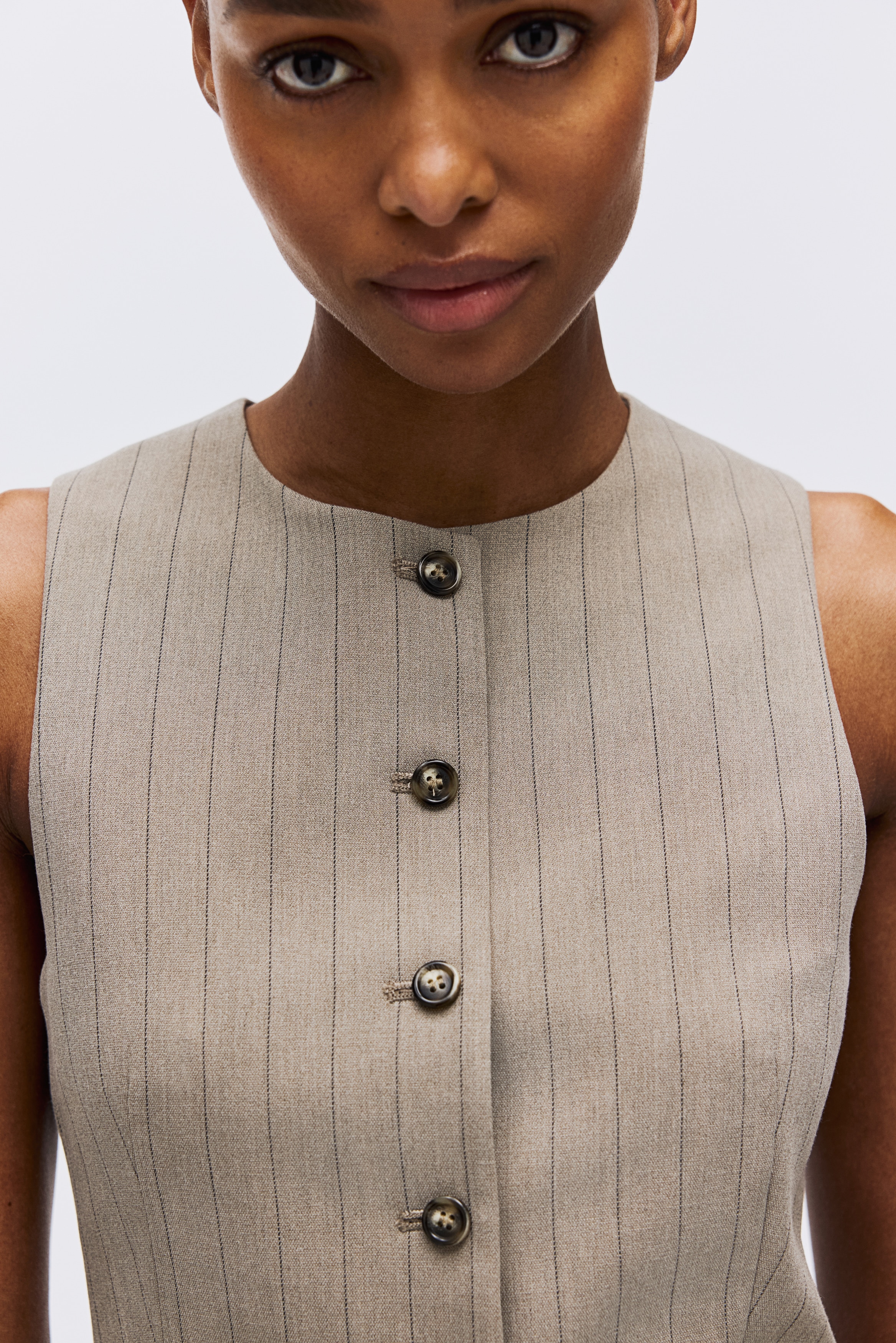 ロングベスト - グレージュ／ピンストライプ - レディース | H&M JP