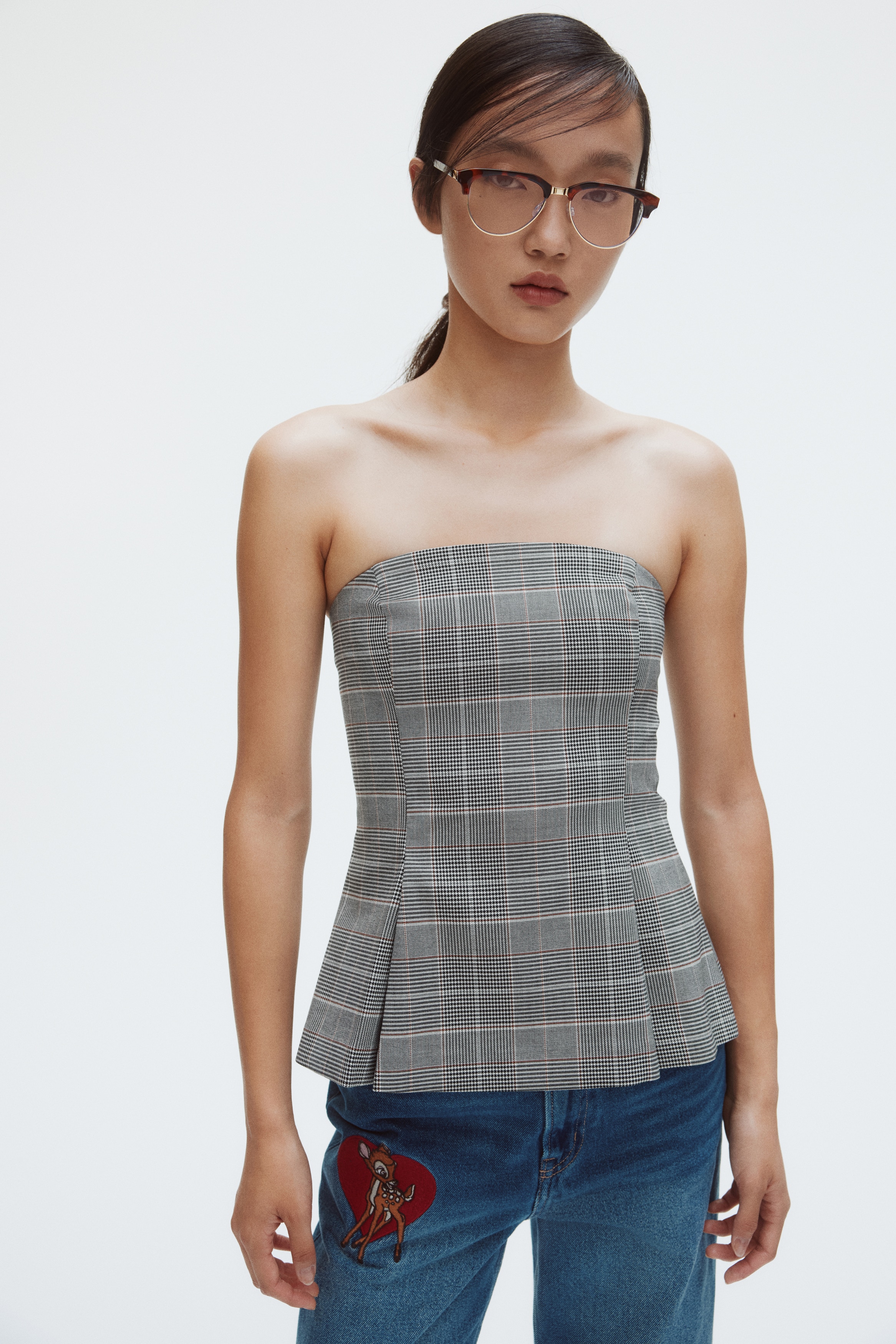 Top bustier acampanado - Gris oscuro/Cuadros