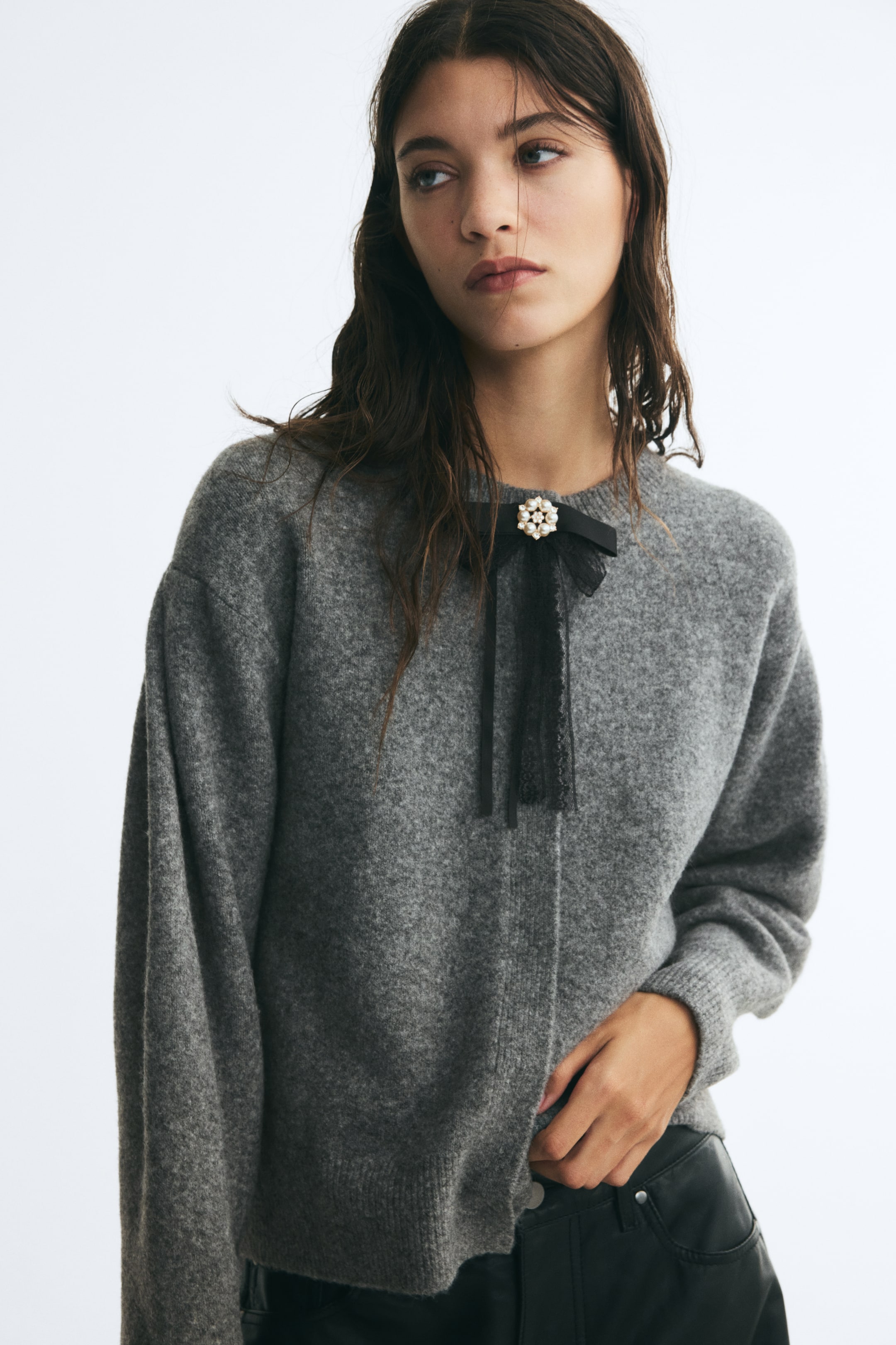 View larger image: Bow-detail puff-sleeved cardigan - Grey marl - Ladies | H&M 1