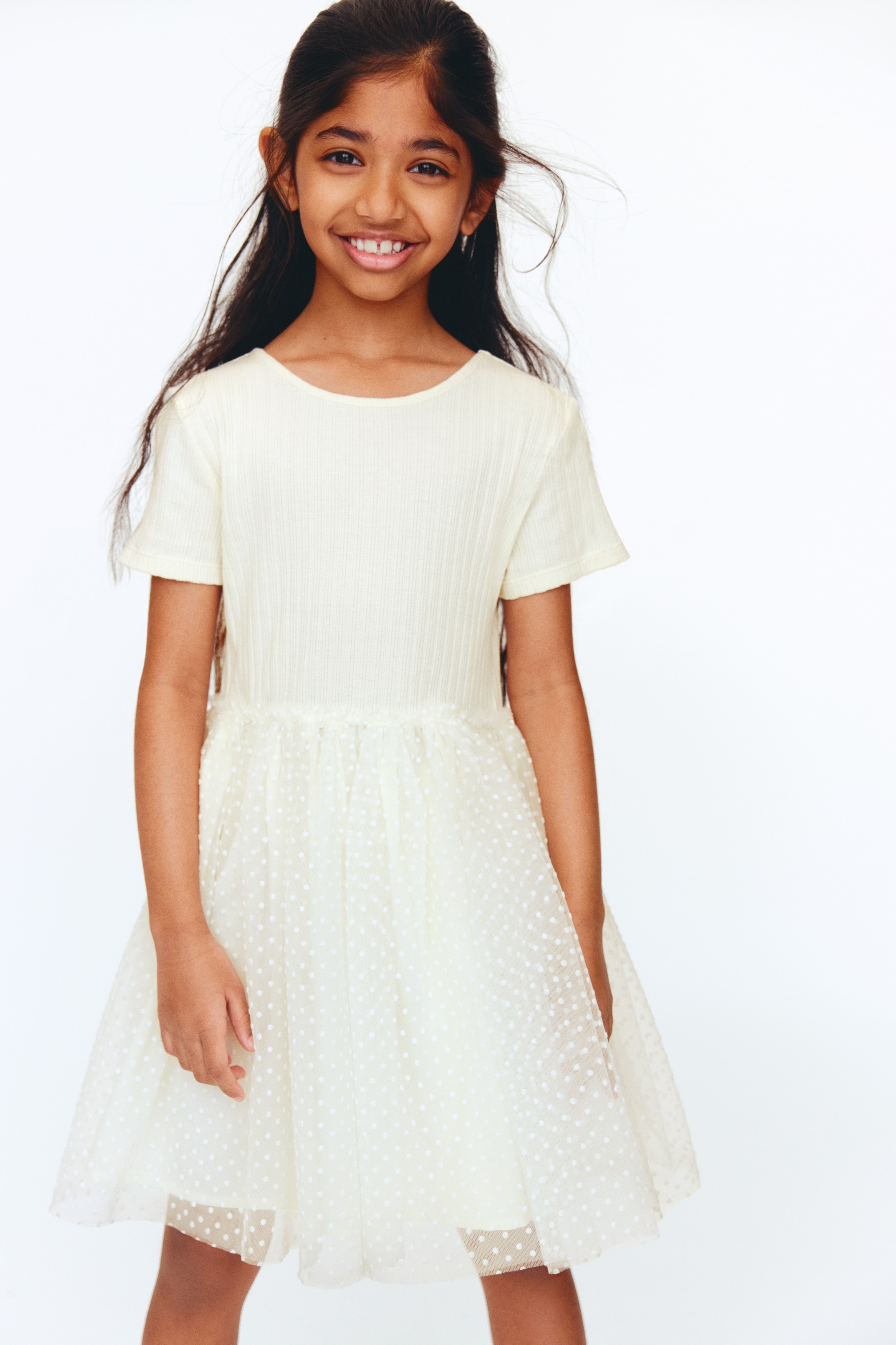 植絨印花薄紗裙洋裝 - 奶油色/點點/淺藍色