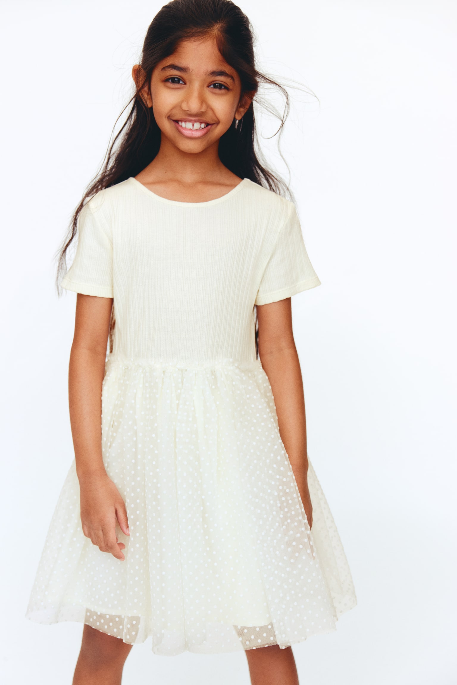 Robe avec jupe en tulle floquée - Crème/pois/Bleu clair - 2