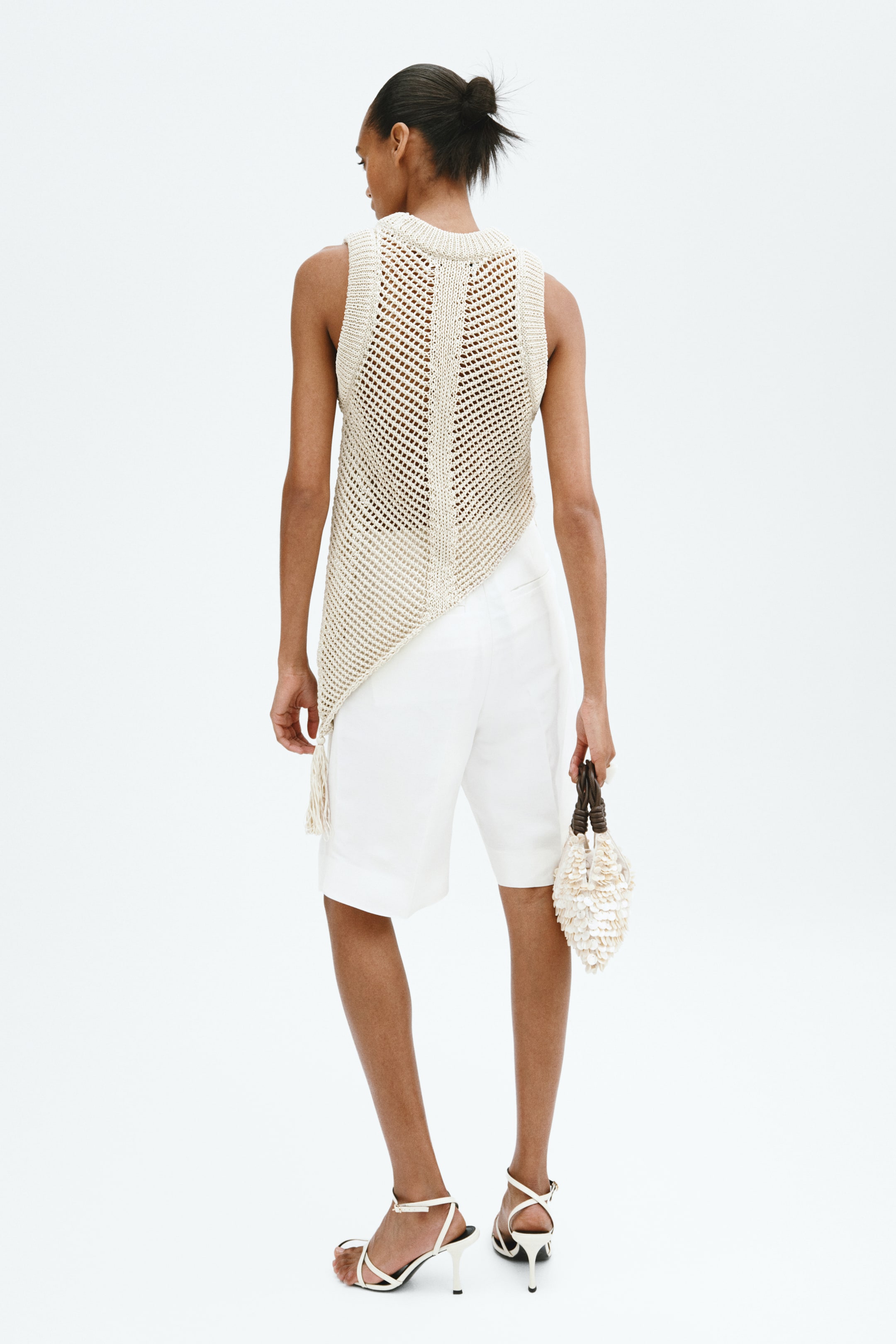 Women's Crochet White Open Front Top with Tassel Detail