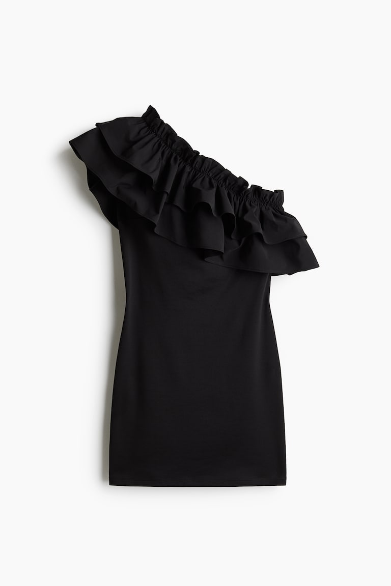 Women's Black Ruffle-Trimmed One-Shoulder Dress | H&M US Women's Black Ruffle-Trimmed One-Shoulder Dress | H&M US