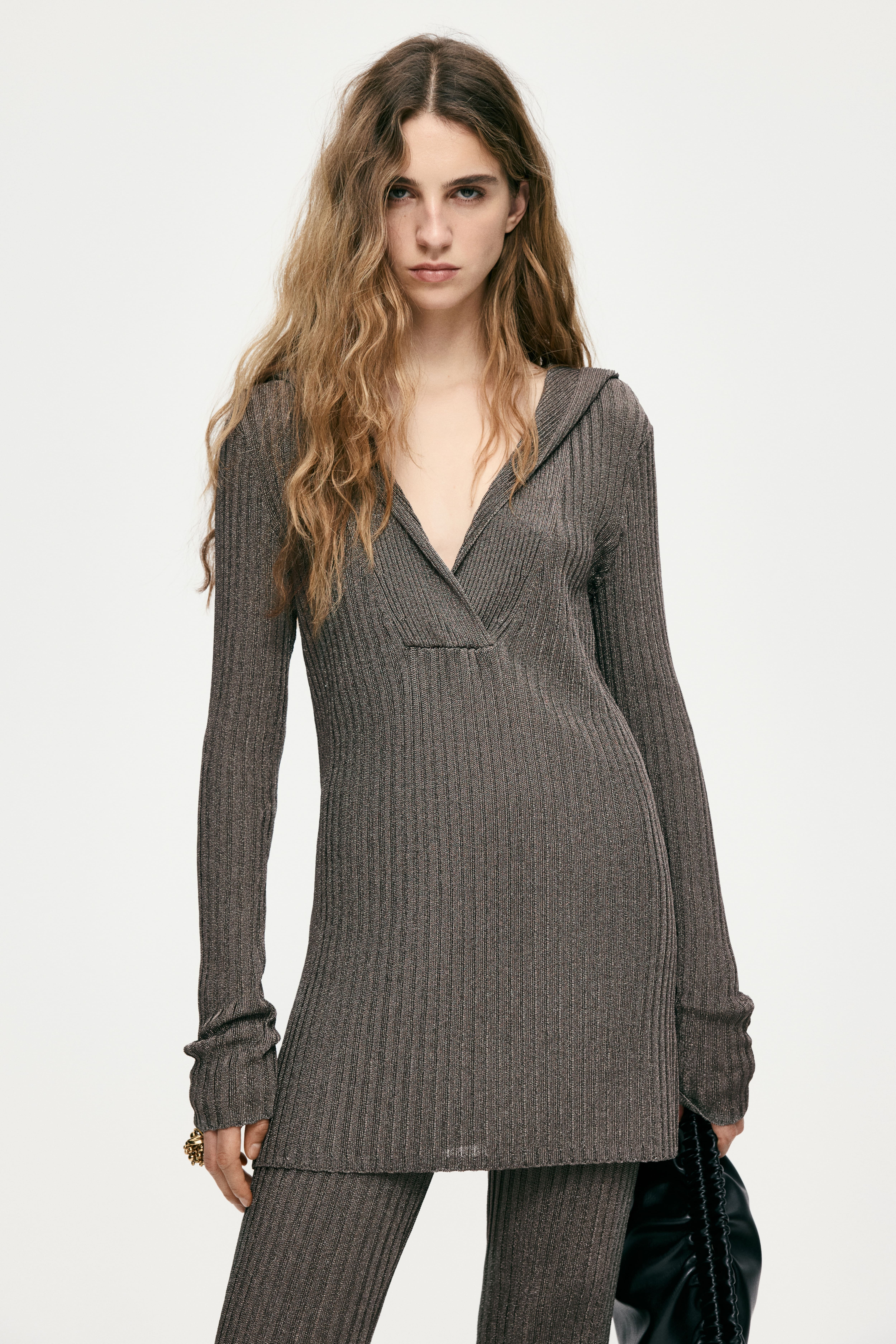 Metallic Rib-Knit Hoodie