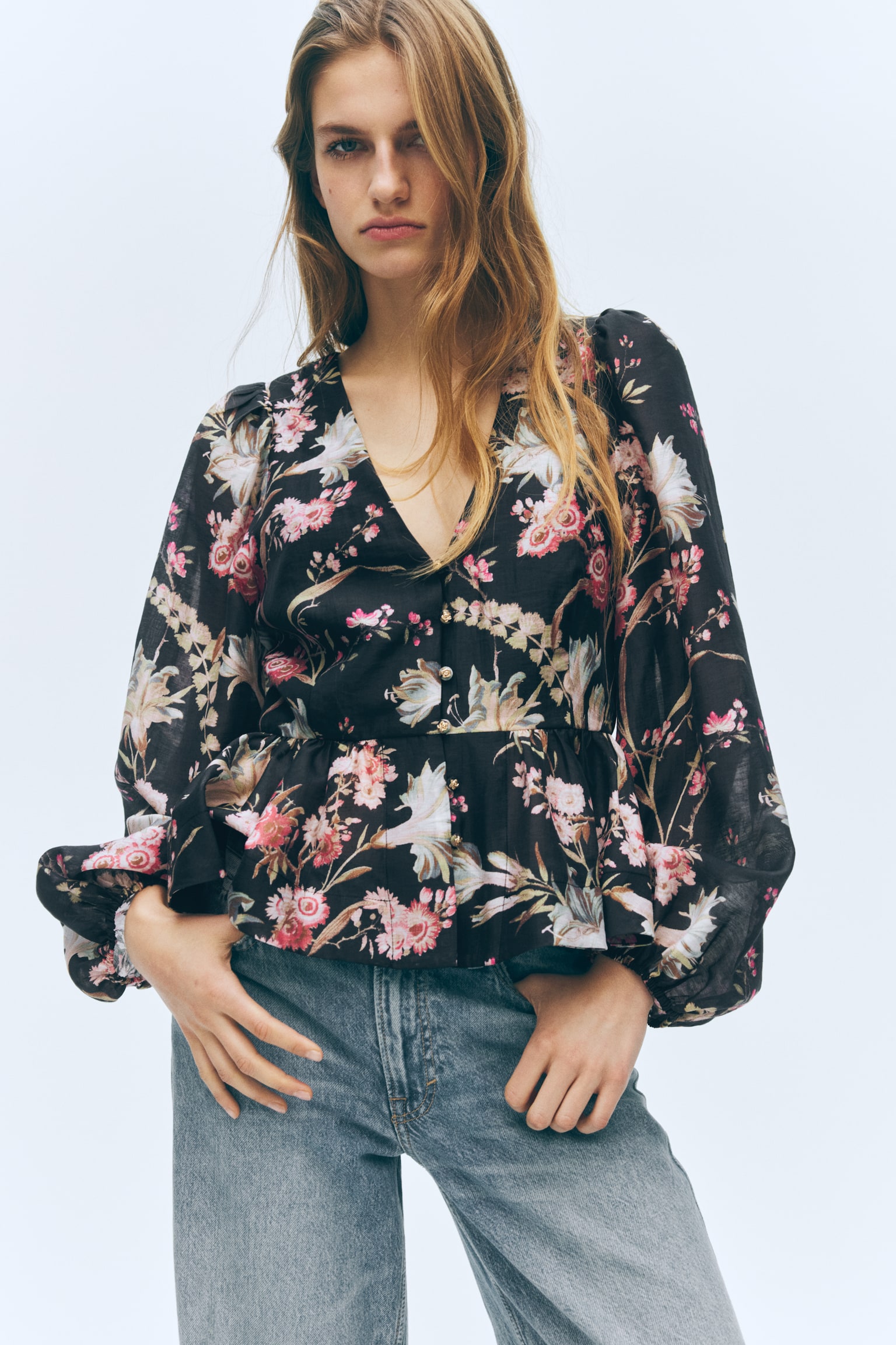 Peplumblouse van linnenmix - Zwart/bloemen/Geel/bloemen - 3