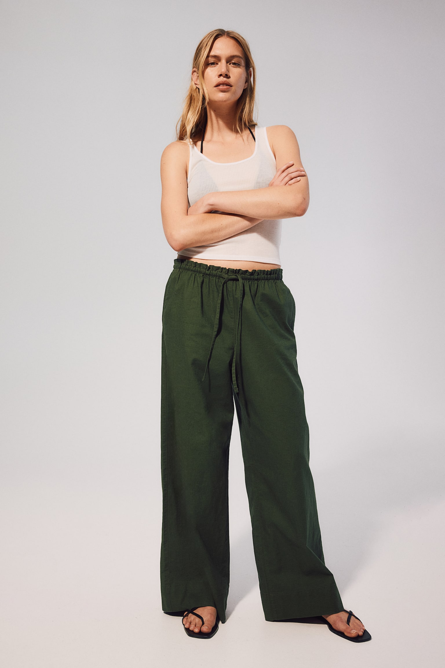 Wide linen-blend trousers - Dark khaki green/Black/Beige/White/Olive green - 1