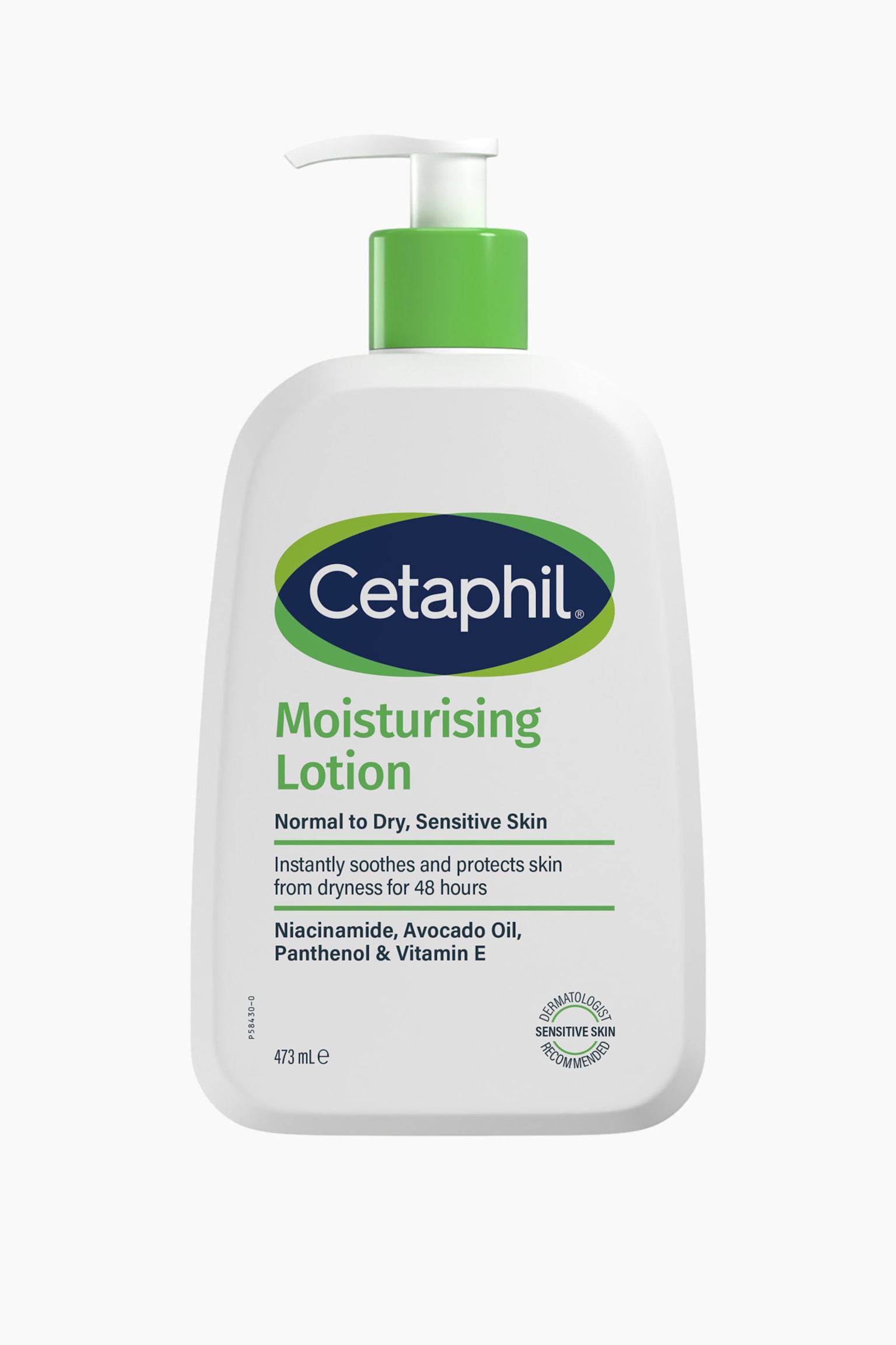 En flaska Cetaphil Moisturising Lotion sedd framifrÃ¥n stÃ¥r upprÃ¤tt och har en vit pumpdispenser med en grÃ¶n krage. Den vita flaskan visar en framsidesetikett med varumÃ¤rkets blÃ¥ och grÃ¶na logotyp, produktinformation fÃ¶r kÃ¤nslig hud samt en cirkelformad sigillstÃ¤mpling lÃ¤ngst ner som rekommenderas av dermatologer. - 1
