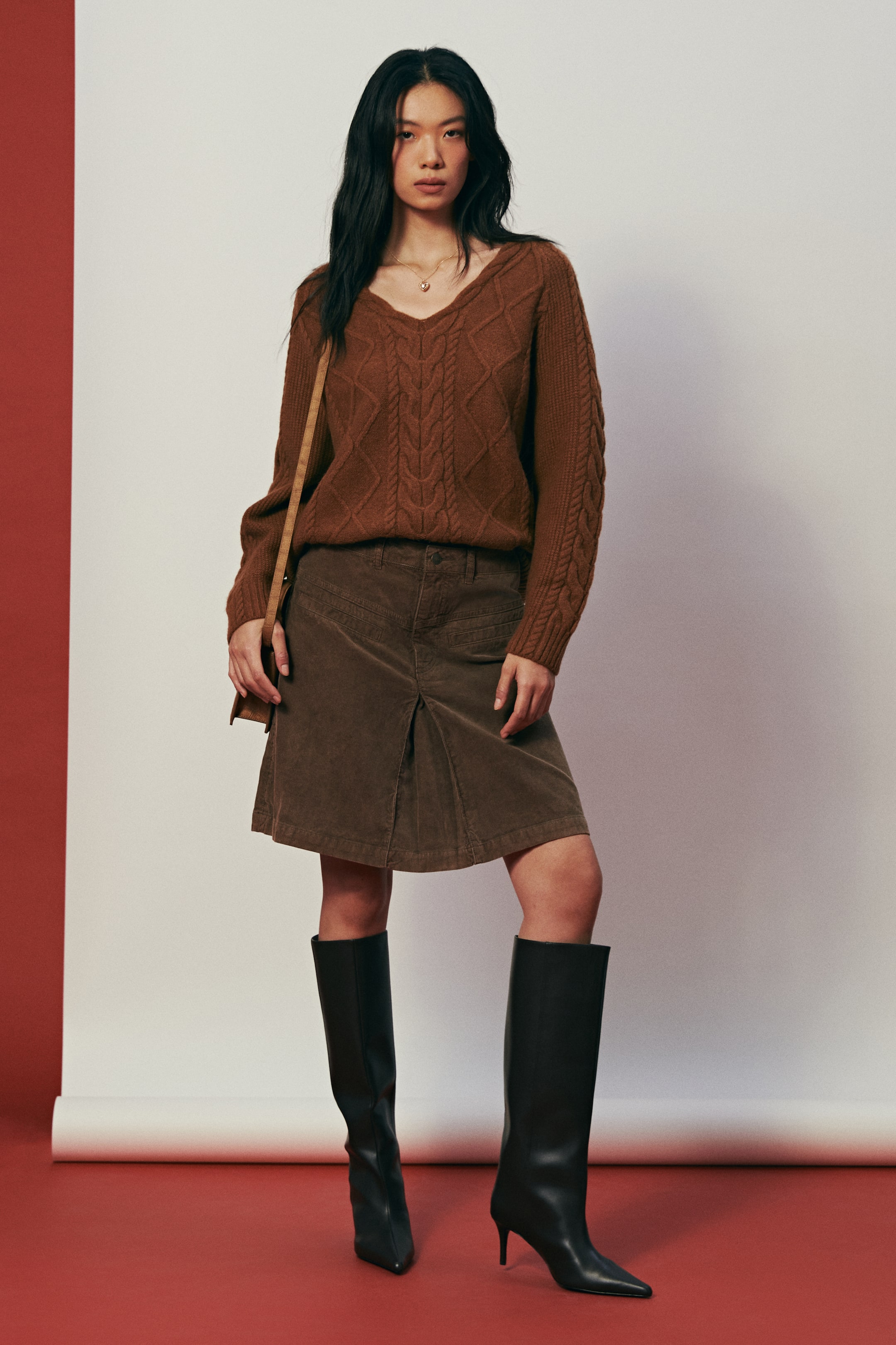 拡大画像を表示: コーデュロイスカート - ダークブラウンメランジ - レディース | H&M JP 1