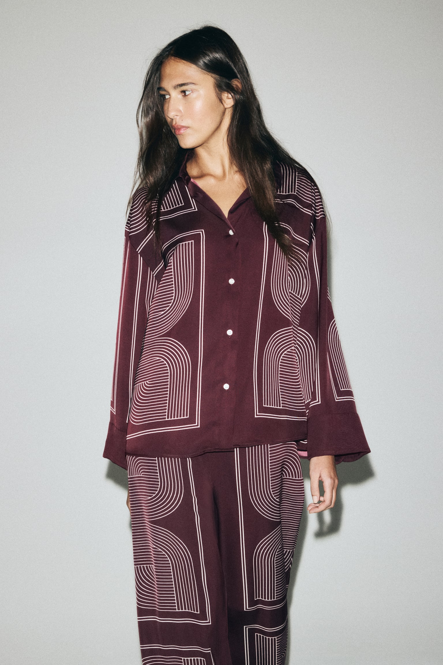 Oversized twill shirt - Burgundy/Patterned - 3