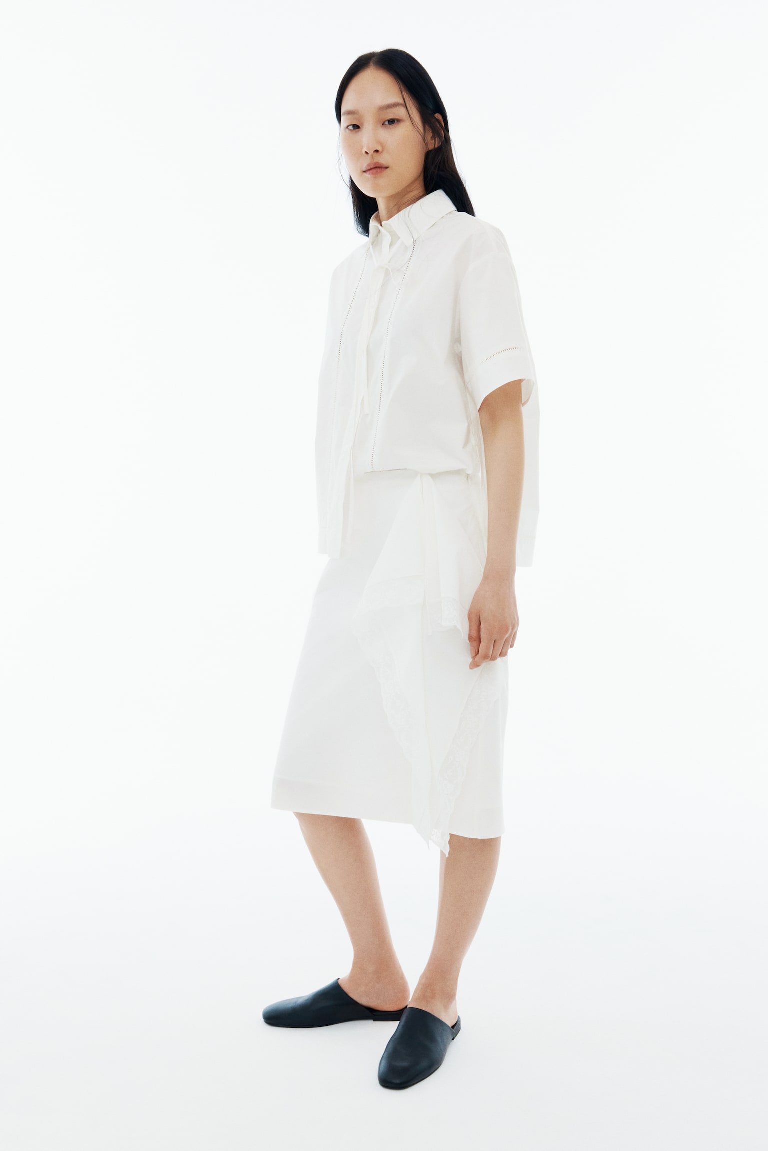 Lace-trimmed draped-panel skirt - White - 1