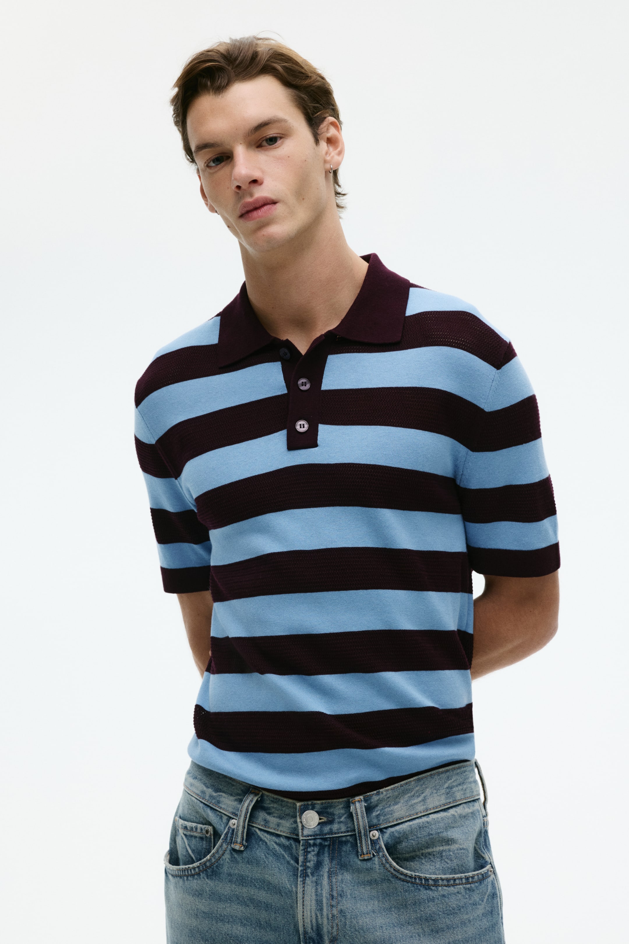 View larger image: Regular Fit Fine-knit polo shirt - Burgundy/Striped - Men | H&M SG 2