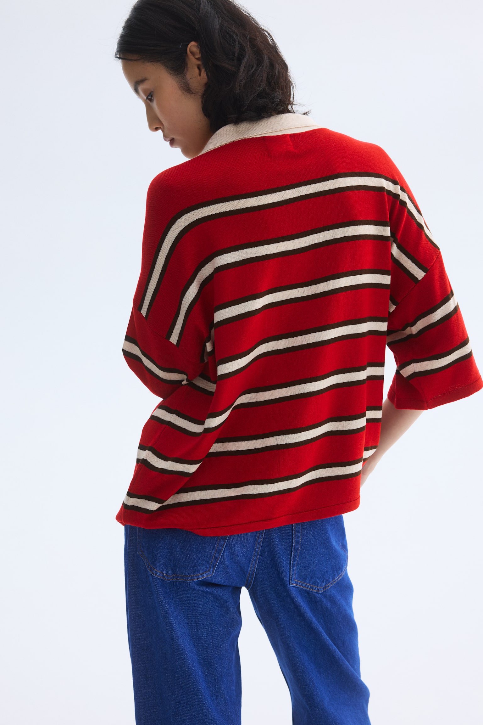 Oversized fine-knit polo shirt - Red/Striped - 5