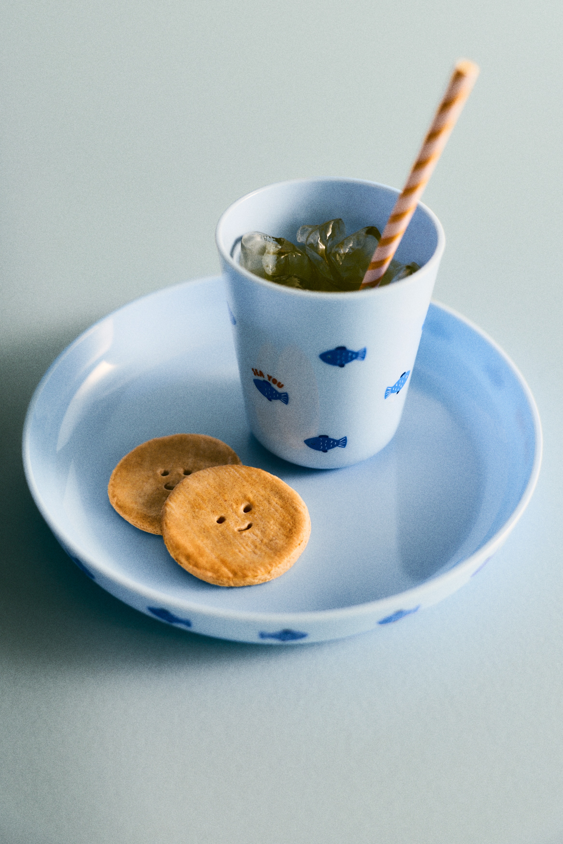 Bicchiere per bambini con stampa - Azzurro/pesci/Giallo chiaro/arance
