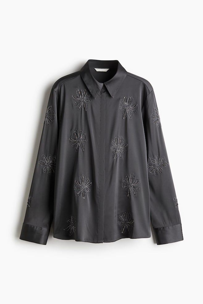 Bluse mit Stickereien - Dunkelgrau - 1