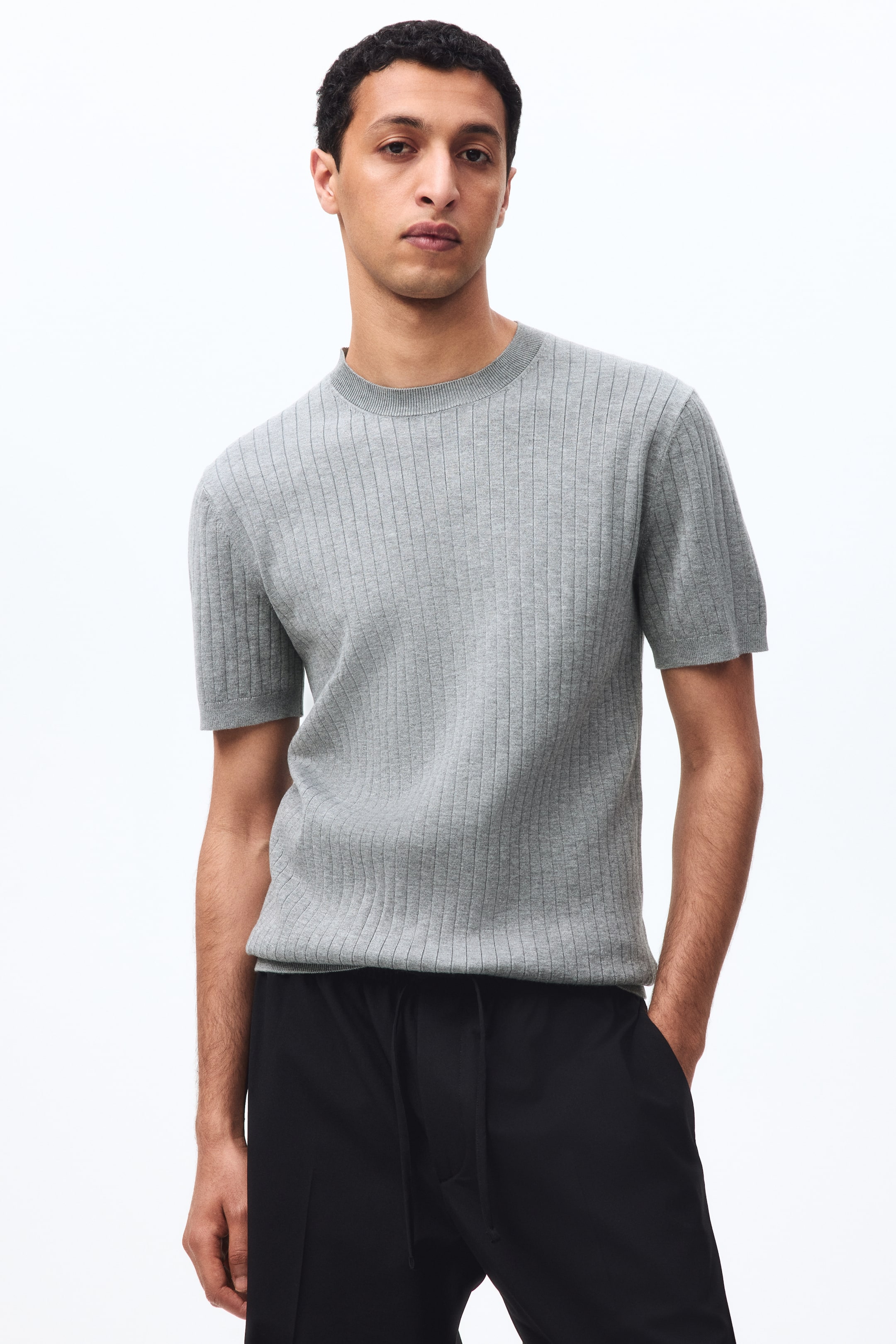 View larger image: The model is wearing a gray t-shirt crafted from a fine rib knit. It boasts a round neckline, short sleeves, and a straight hem, with a slim fit that contours to the model's body, creating a sleek silhouette.