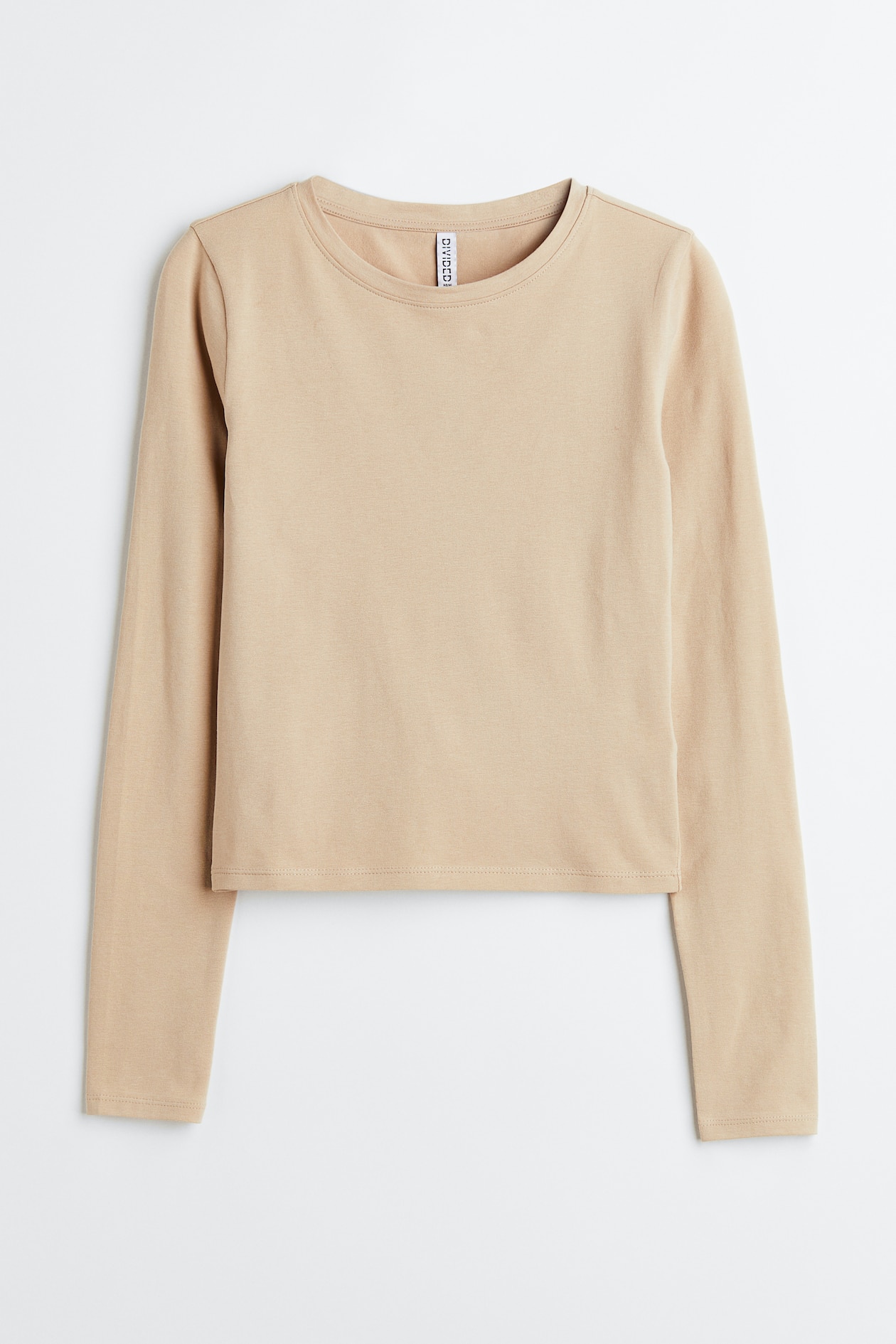 Short Jersey Top - Round Neck - Long sleeve - Beige - Ladies | H&M US