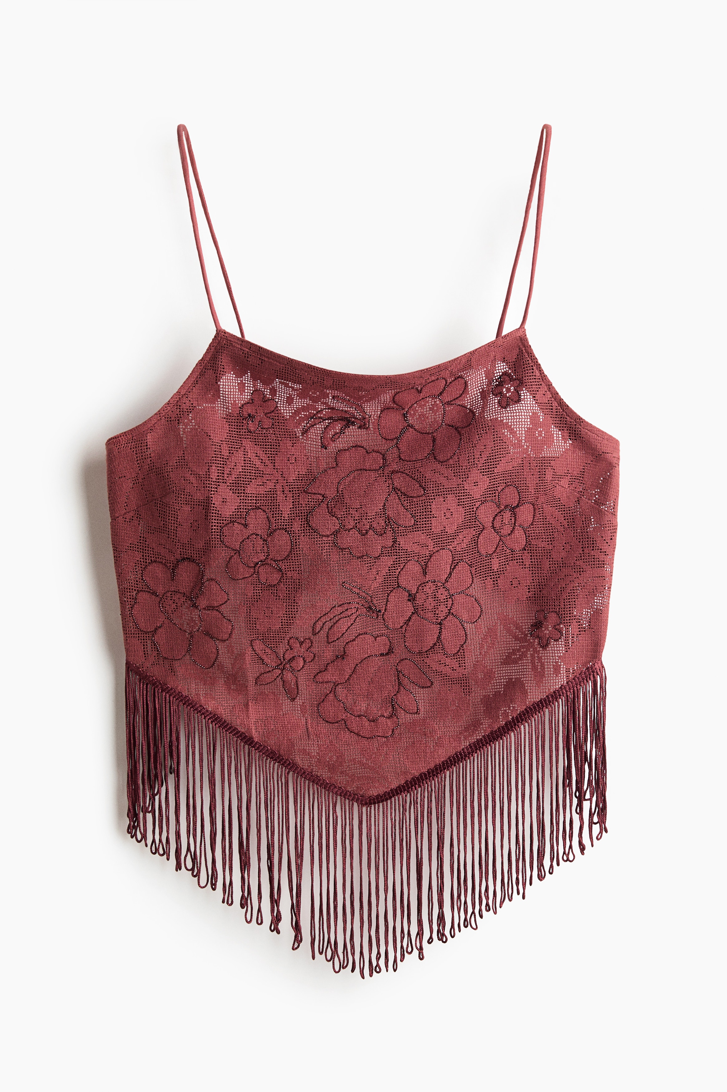 Fringe-trimmed net beach top - Dusty red