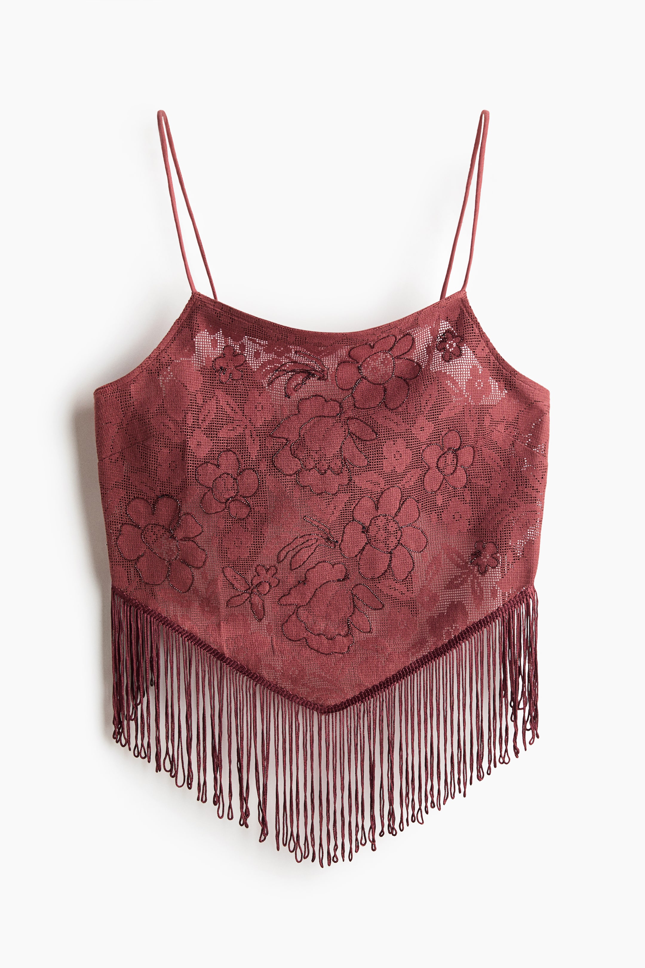 View larger image: A short, reddish-brown net top is showcasing its front, adorned with embroidered floral motifs, a square neckline, spaghetti shoulder straps, and a V-shaped hem with long fringes.