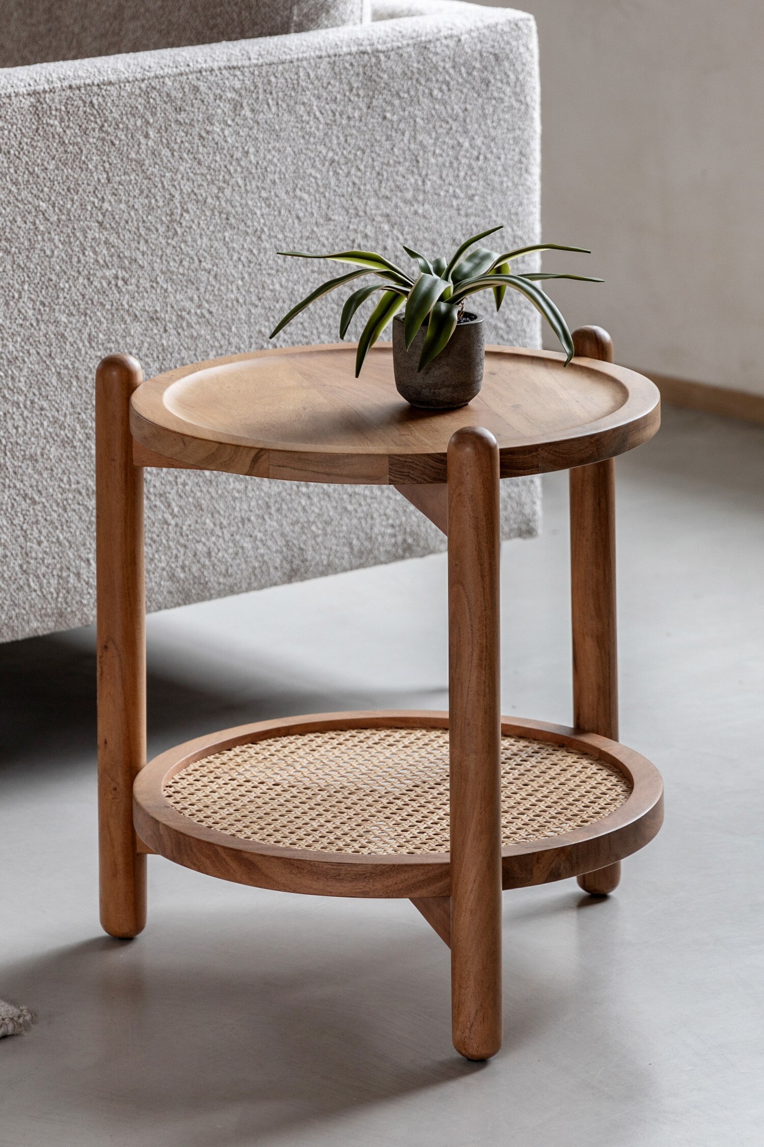 Acacia Wood Side Table With Rattan Shelf - Natural