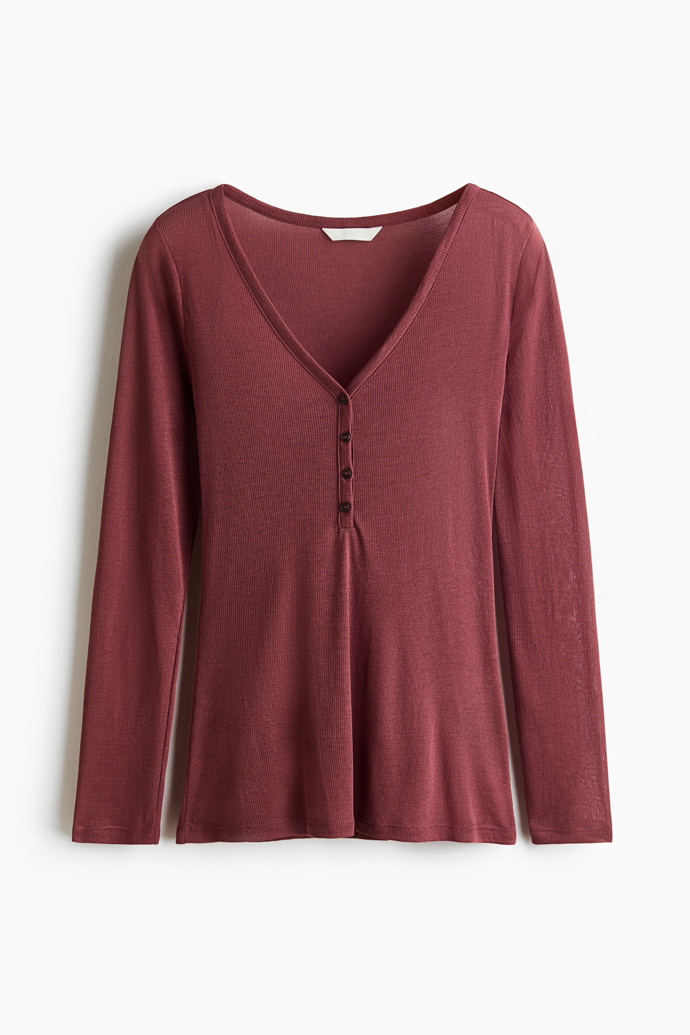 Long-sleeved rib-knit top - Dark red/Light blue