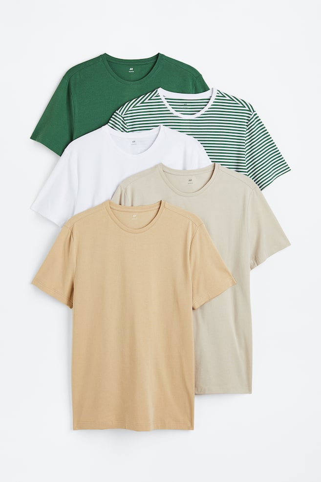 5-pack Slim Fit T-shirts - Dark green/Beige/White/White/Black/Dark green/Brown