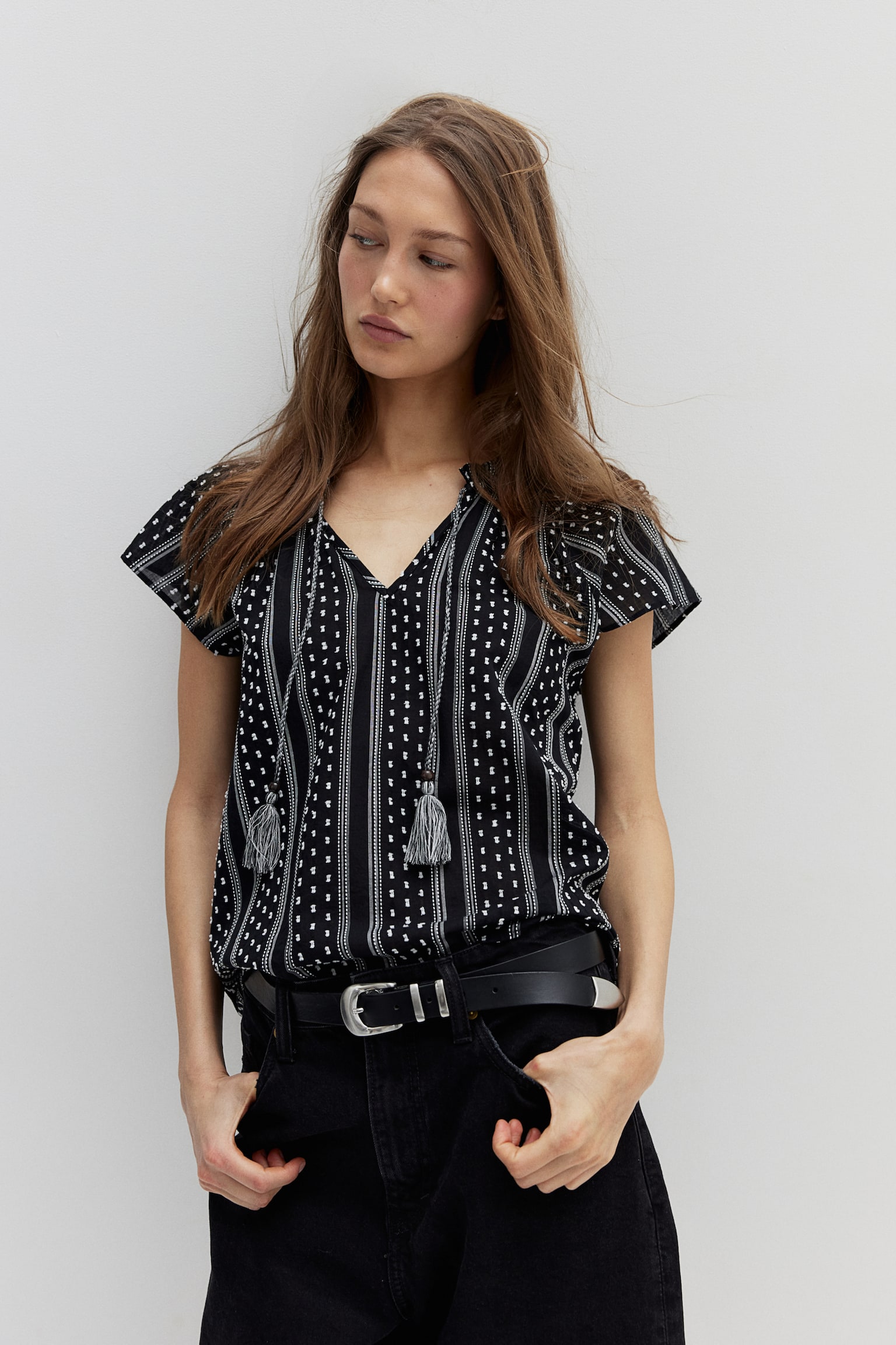 Drawstring Detail Cotton Blouse - Black/Stripe/White/Blue stripe - 1