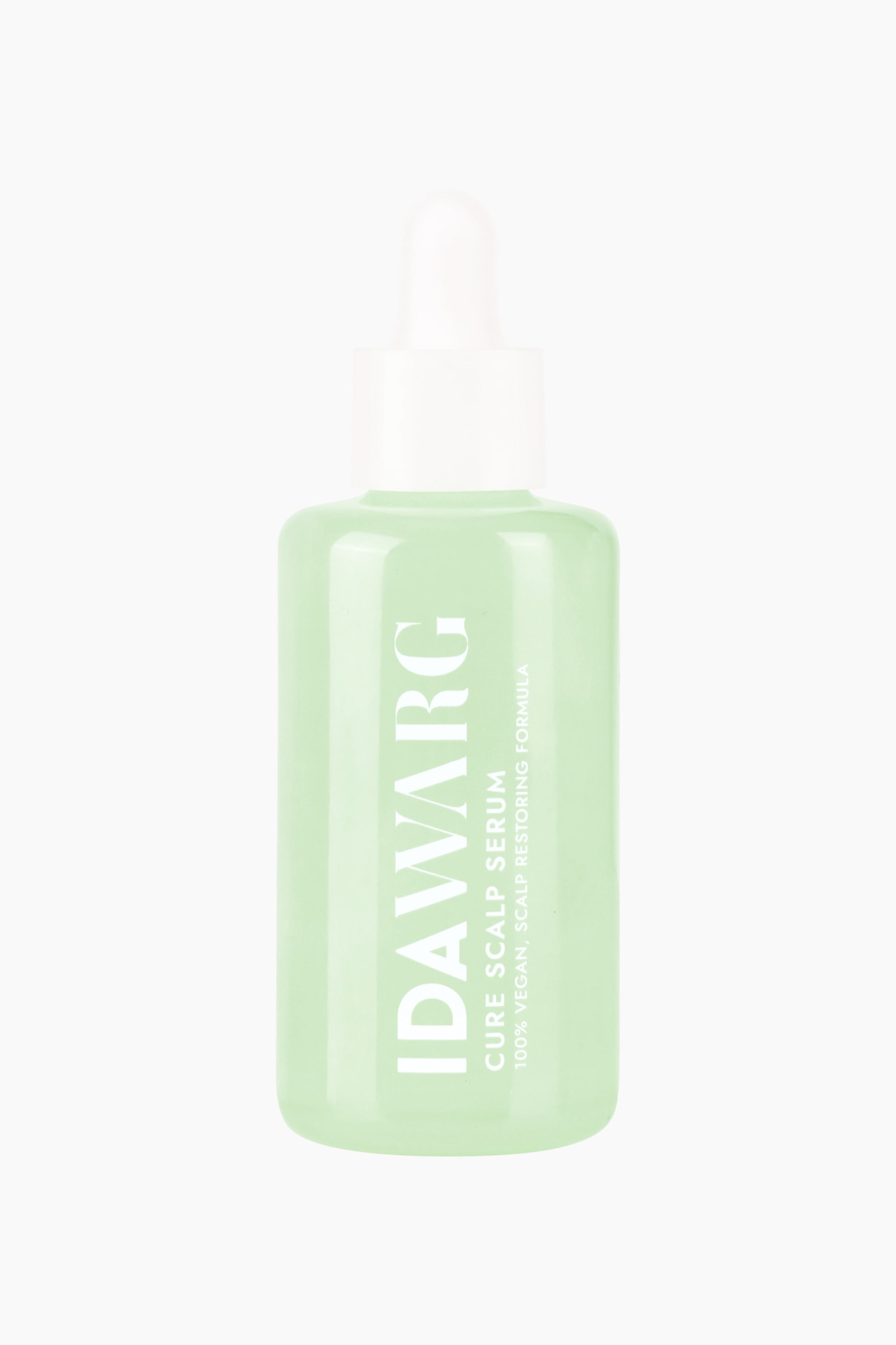 Vis større bilde: En lysegrønn rektangulær flaske med avrundede kanter står vendt fremover, med en hvit pipettekork. Hvit tekst med "IDAW�RG", "CURE SCALP SERUM" og "100% VEGAN, SCALP RESTORING FORMULA" er synlig på forsiden.