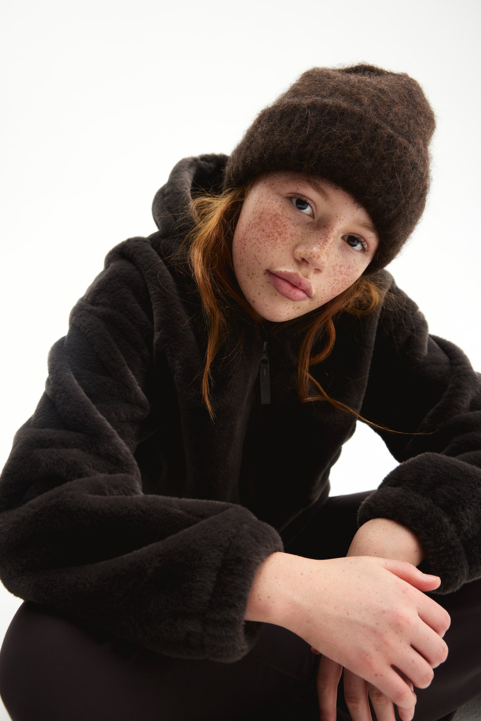 Jachetă de pluș cu fermoar și glugă - Maro-cald/Alb-fildeșiu - 6