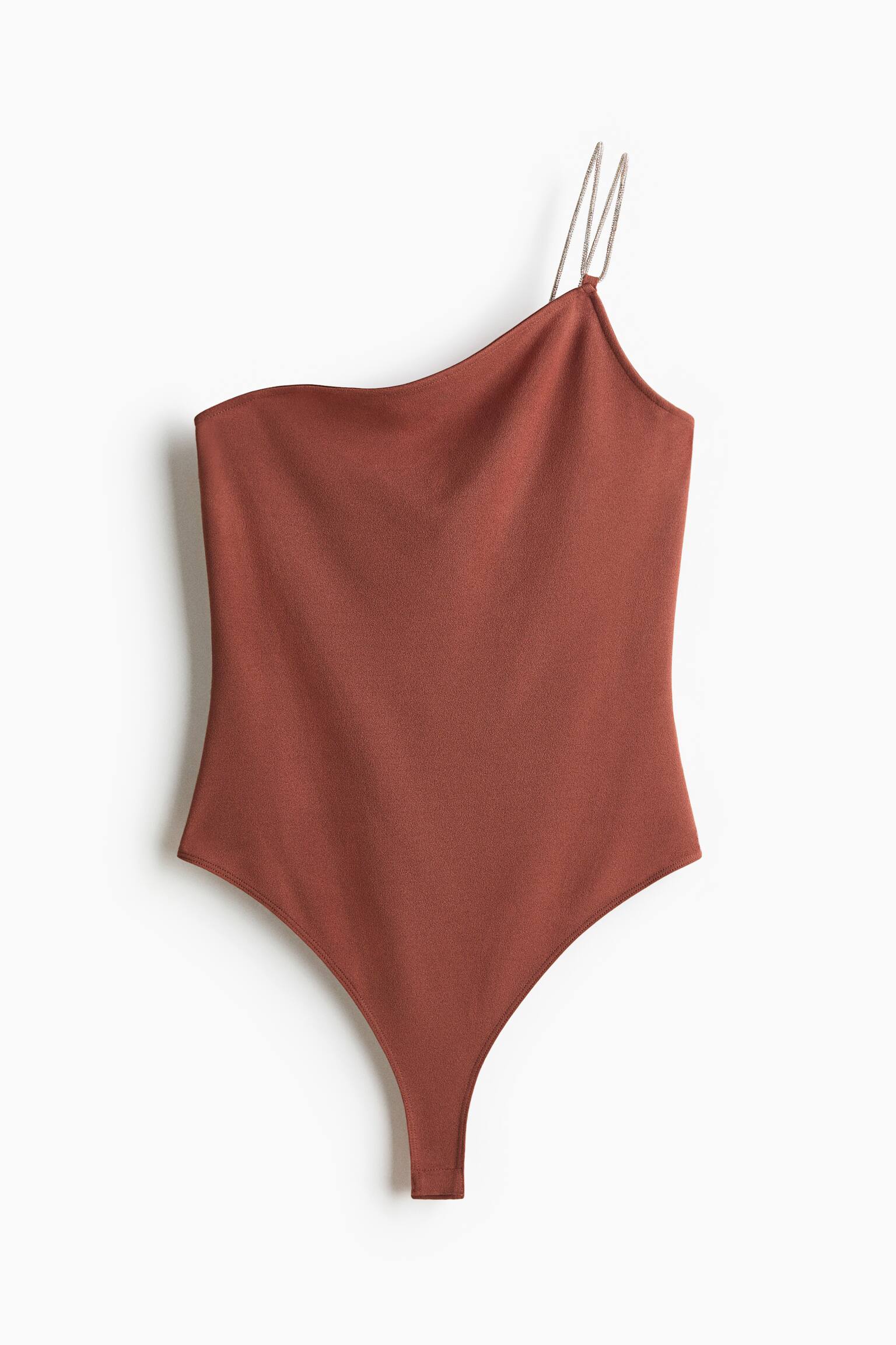 Rhinestone Strap One Shoulder Bodysuit - Dusty brown/Black/Cream - 1