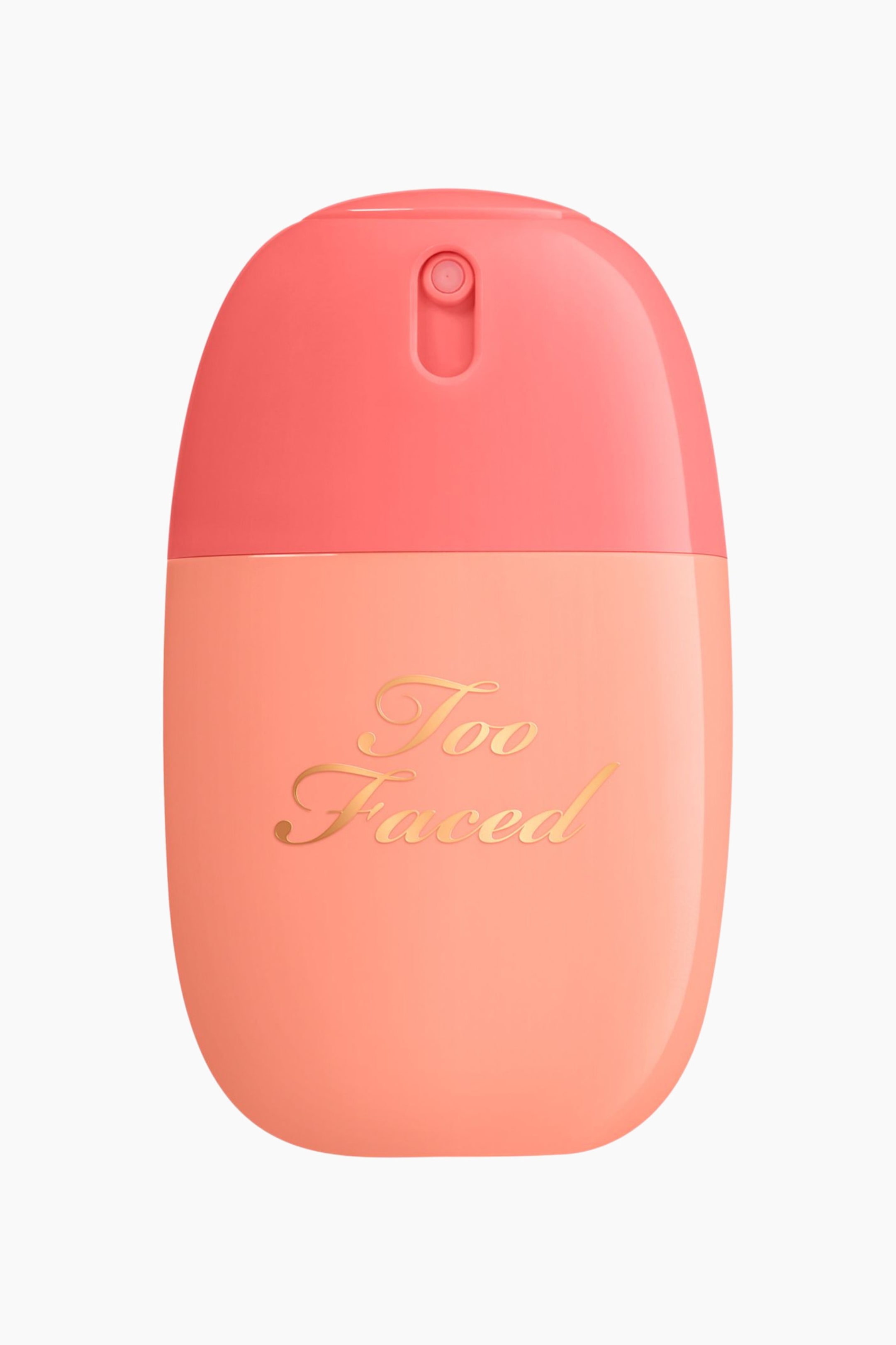 Visa större bild: Too Faced setting spray-flaskan står i frontalt vy och visar en rundad, tvåtonad persikofärgad design. Den övre delen har ett mörkare korallpersikofärgat lock med en integrerad spraymunstycke, medan den nedre delen visar varumärket "Too Faced" i guldfärgad kursiv skrift.